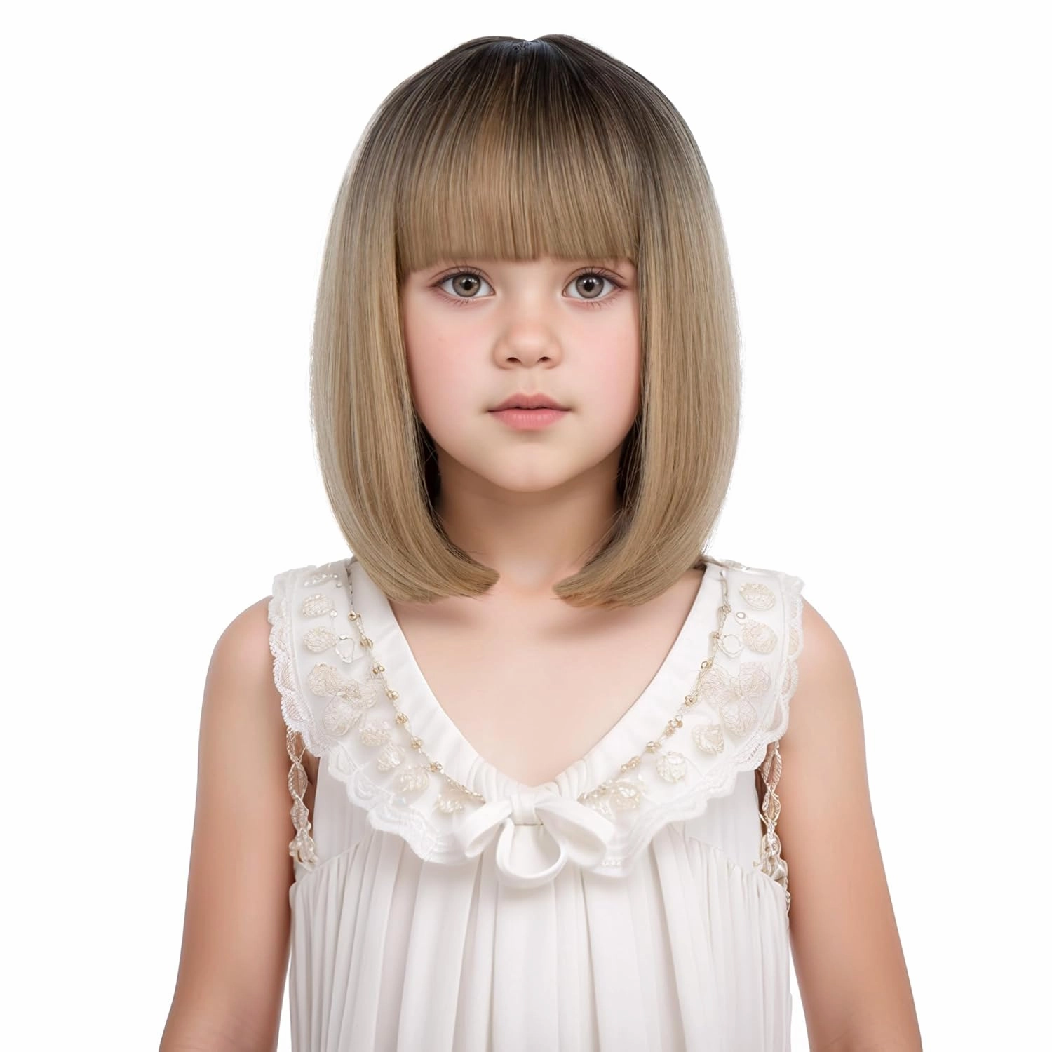Black Ombre Blonde Bob Wig for Kids Child Short Ombre Blonde Straight Wig Girls Bob Wigs with Bangs Heat Resistant Synthetic Hair with Cap