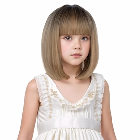 Black Ombre Blonde Bob Wig for Kids Child Short Ombre Blonde Straight Wig Girls Bob Wigs with Bangs Heat Resistant Synthetic Hair with Cap