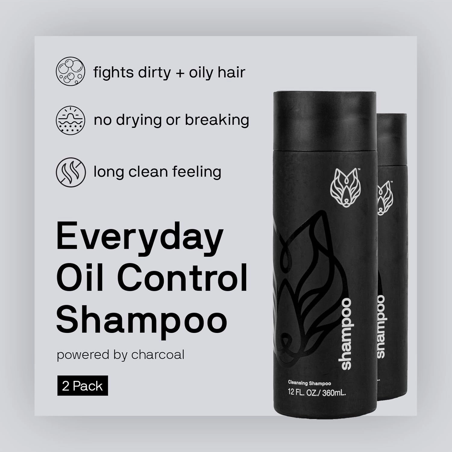 Black Wolf 2-Pack Mens Shampoo for Oily Hair, 12 Fl Oz - Charcoal-Infused Oil Control Shampoo with Moisturizing & Deep Cleansing Formula Hydrates & Nourishes Scalp - Daily Hair Care for Men