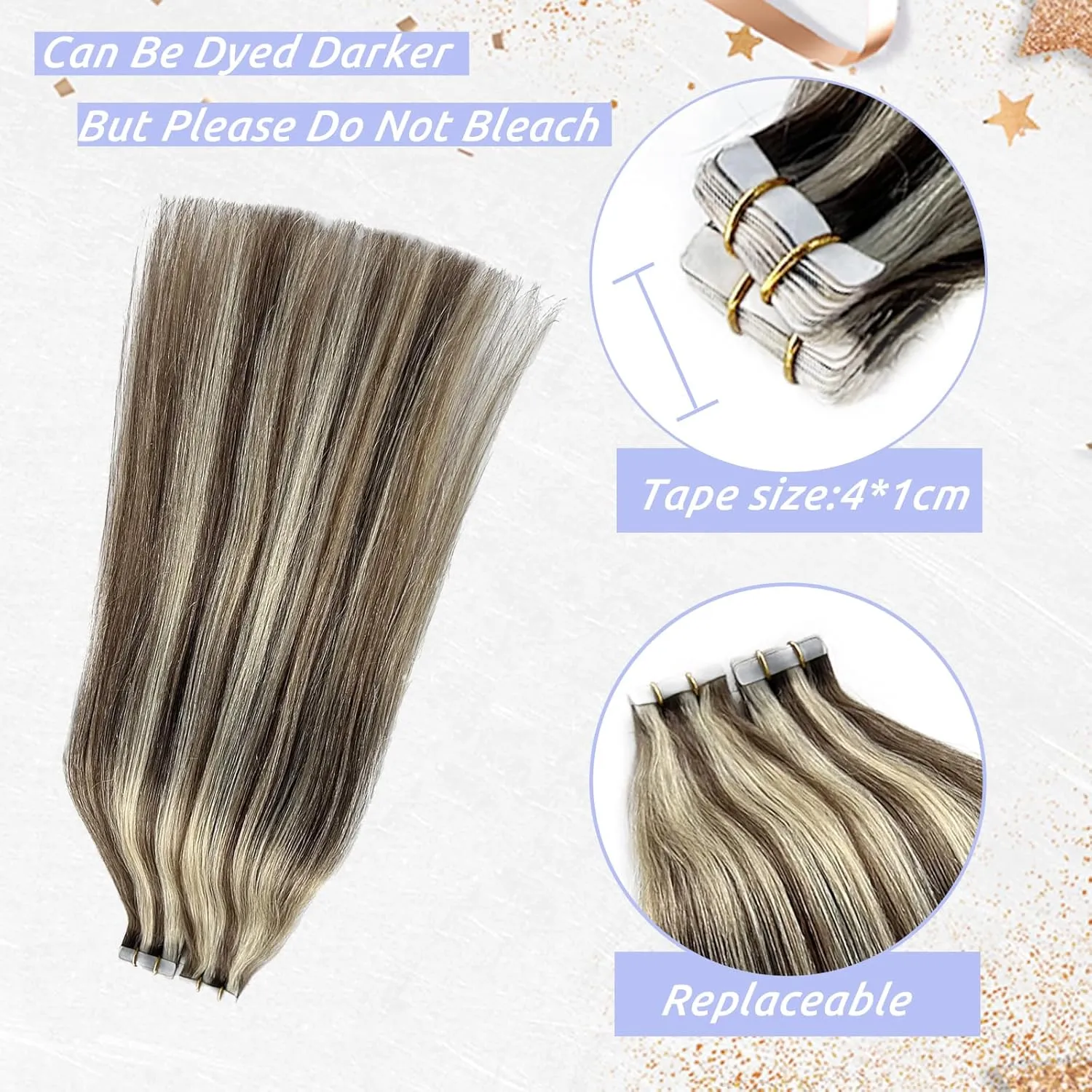 Blonde Tape in 100% Real Hair Extensions Human Hair,Light Brown to Blonde Highlights Soft Straight Skin Weft Remy Human Hair Extensions Tape in 30G/20Pieces Invisible Hair Extensions Tape in for Women