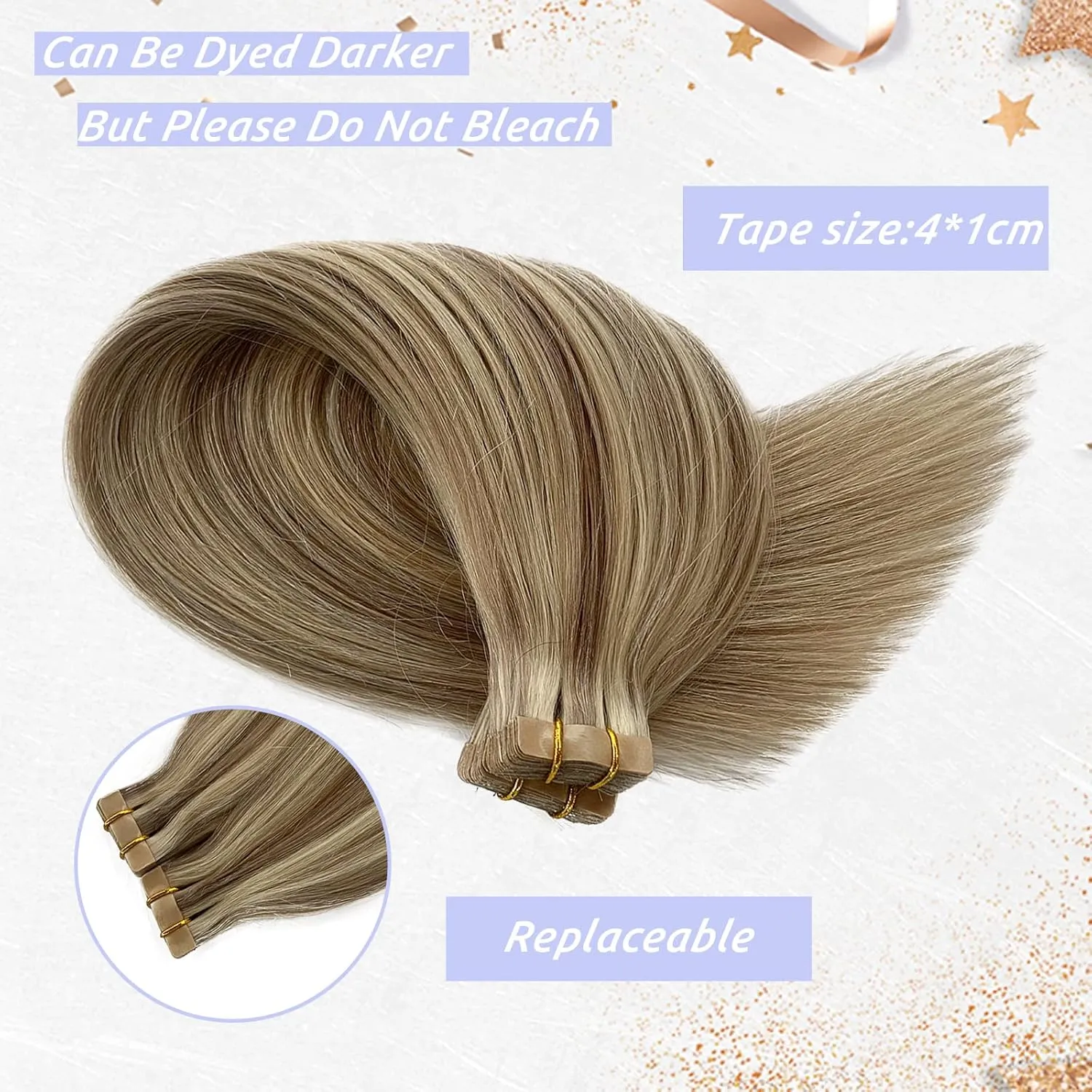 Blonde Tape in Hair Extensions Human Hair,Tape in Ash Blonde Highlights and Brown White Platinum Blonde Hair Extensions Attached Invisible Seamless Skin Weft Adhesive Tape on 100% Real Human Hair 16"