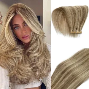 Blonde Tape in Hair Extensions Human Hair,Tape in Ash Blonde Highlights and Brown White Platinum Blonde Hair Extensions Attached Invisible Seamless Skin Weft Adhesive Tape on 100% Real Human Hair 16"