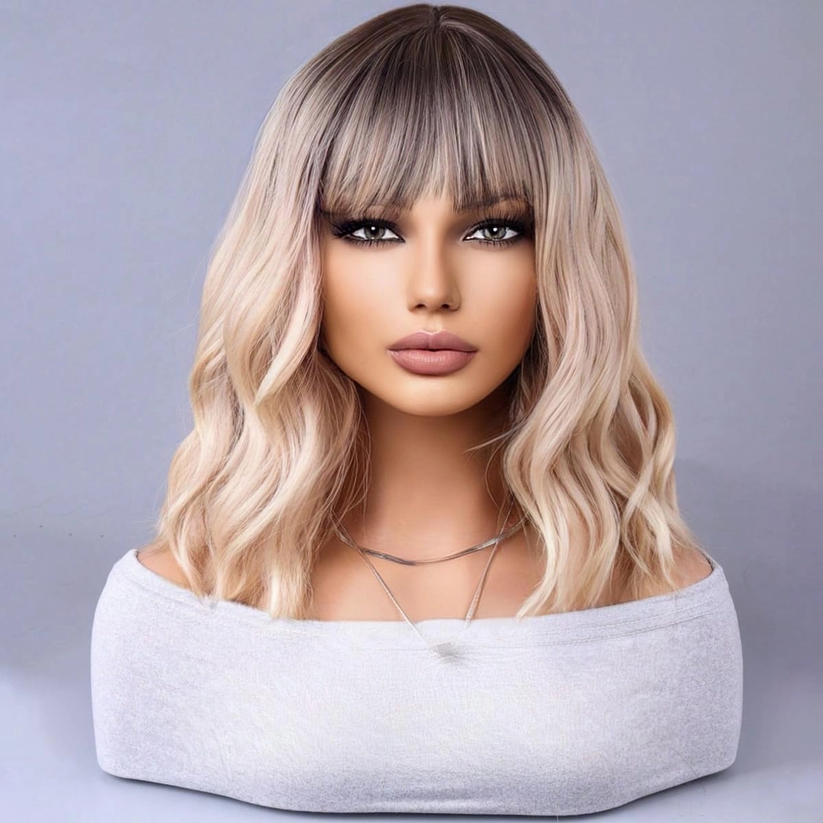 Blonde Ombre Bob Wig - Short Curly Wavy With Bangs, Heat Resistant Synthetic Hair Wig for Daily Use & Cosplay