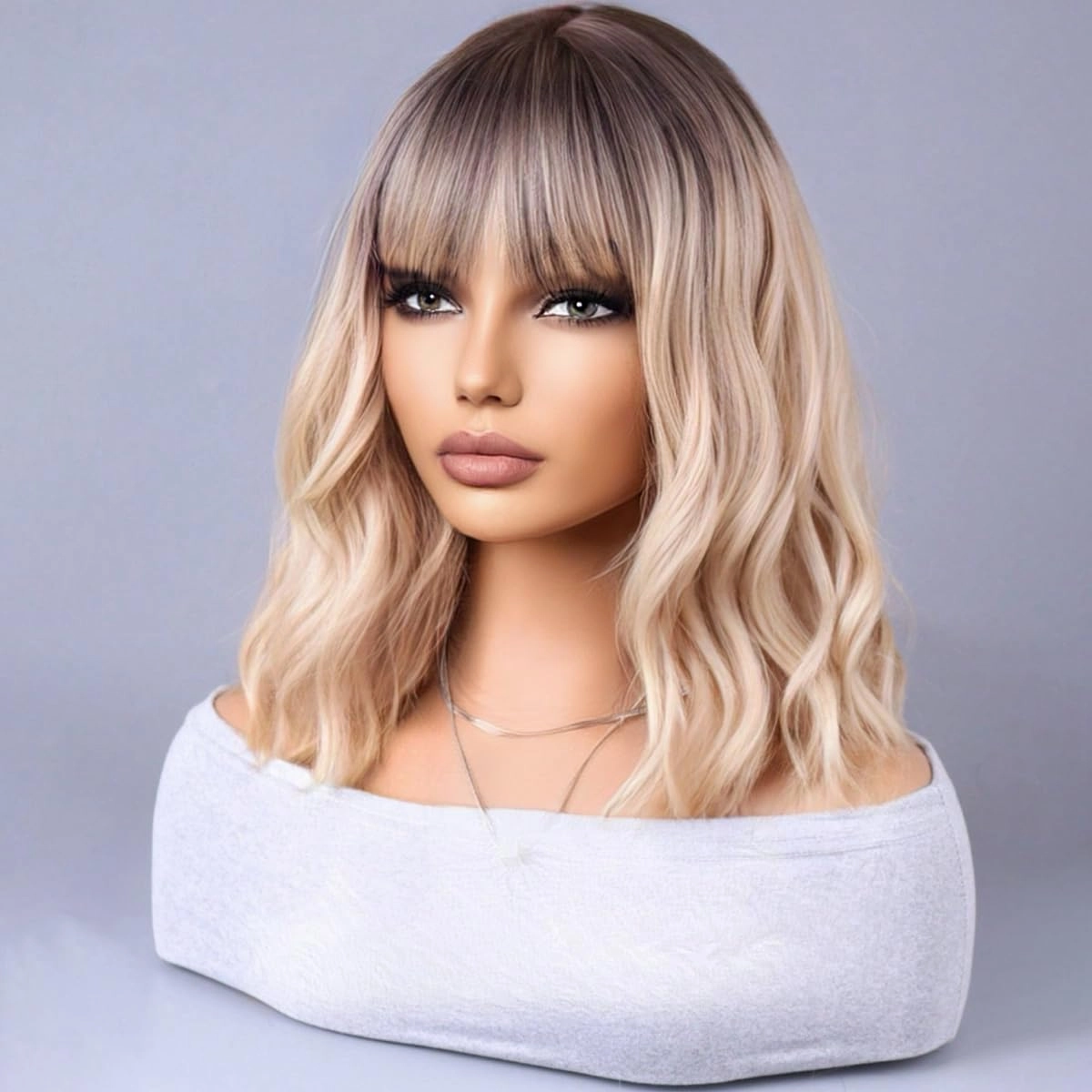 Blonde Ombre Bob Wig - Short Curly Wavy With Bangs, Heat Resistant Synthetic Hair Wig for Daily Use & Cosplay