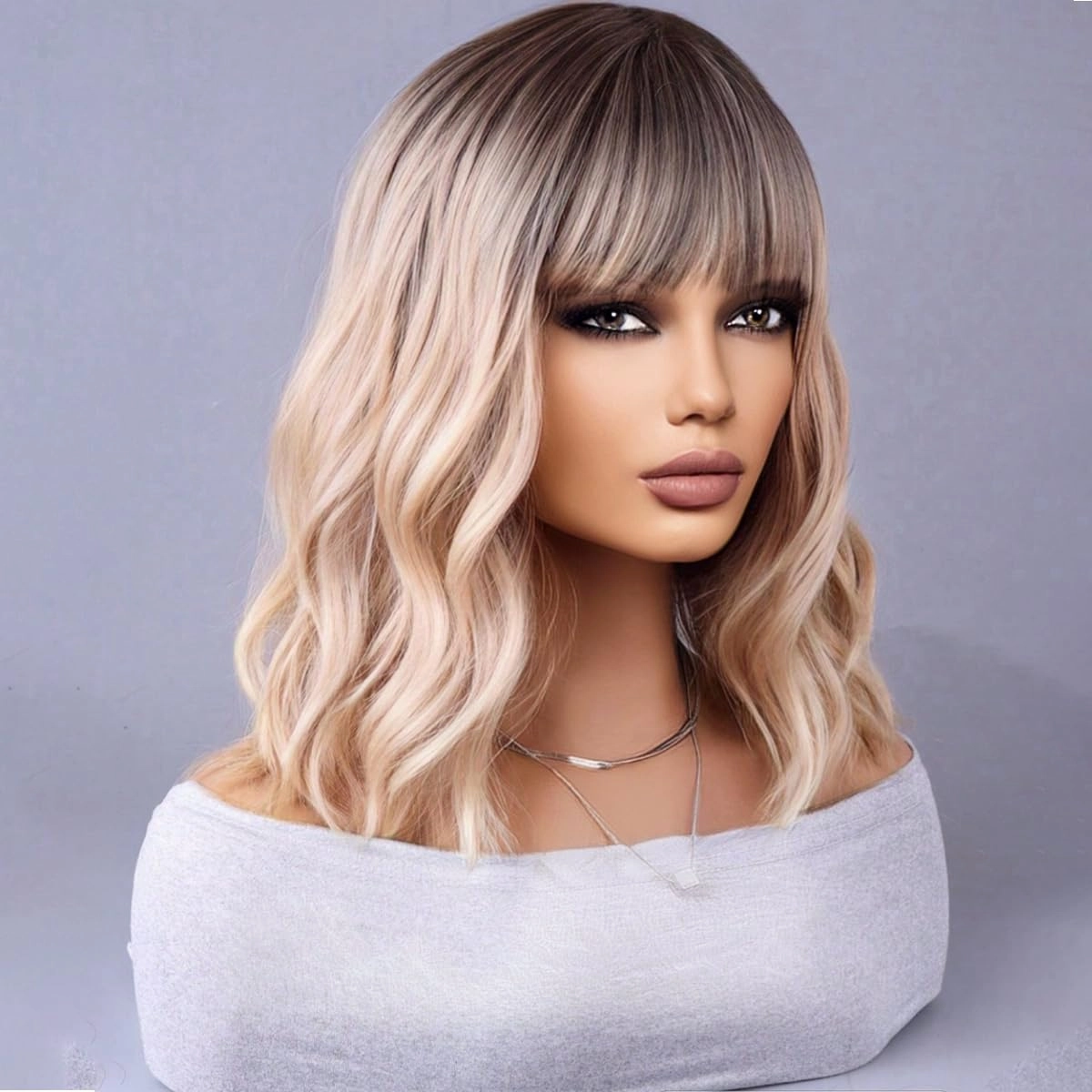 Blonde Ombre Bob Wig - Short Curly Wavy With Bangs, Heat Resistant Synthetic Hair Wig for Daily Use & Cosplay