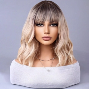 Blonde Ombre Bob Wig - Short Curly Wavy With Bangs, Heat Resistant Synthetic Hair Wig for Daily Use & Cosplay
