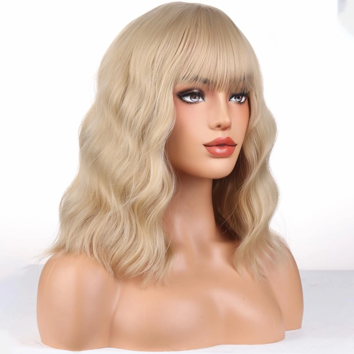 Blonde Wig For Women Short Curly Wavy Blonde Wig with Bangs Ash Blonde Bob Synthetic Wigs with Wig Cap (Ash Blonde)