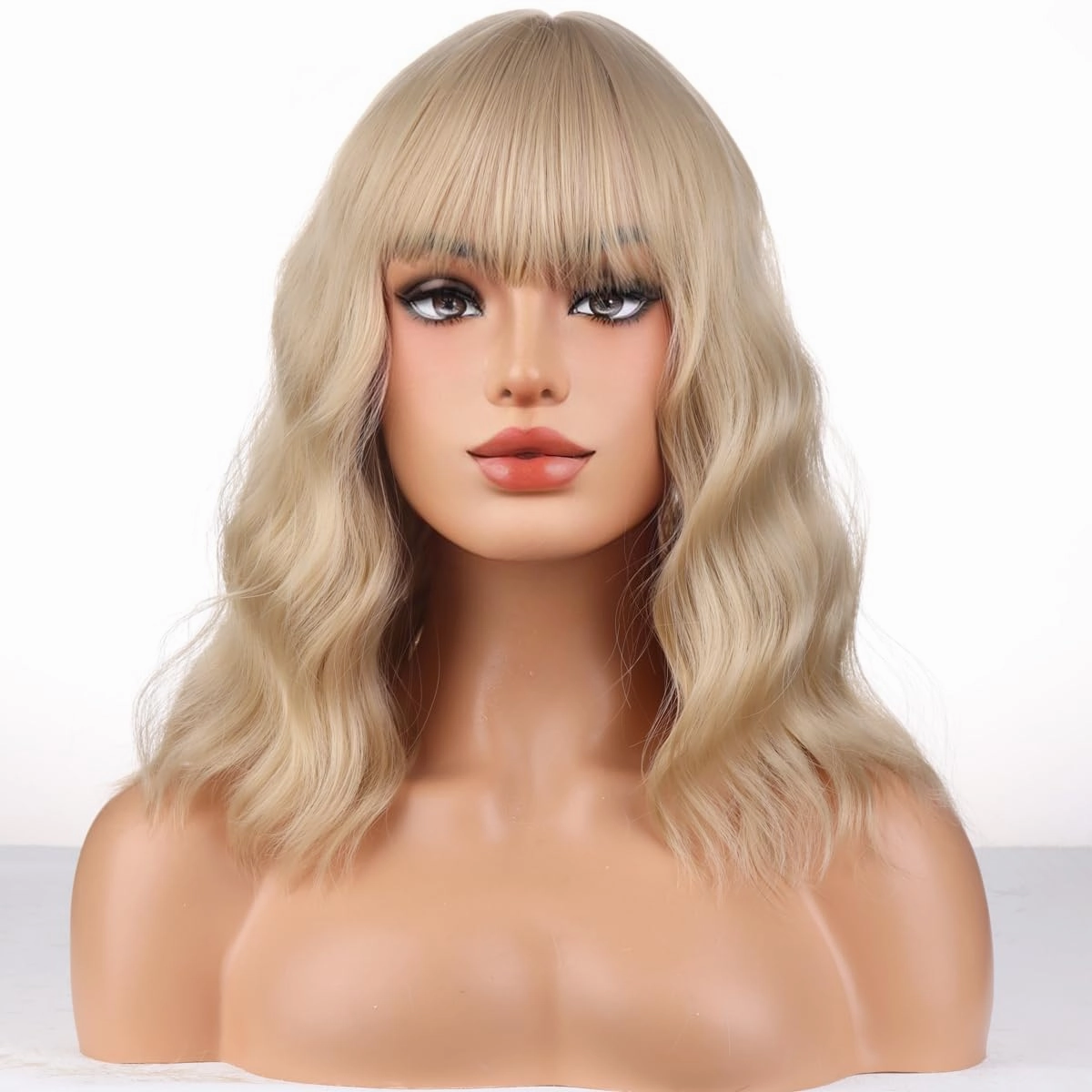 Blonde Wig For Women Short Curly Wavy Blonde Wig with Bangs Ash Blonde Bob Synthetic Wigs with Wig Cap (Ash Blonde)