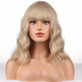 Blonde Wig For Women Short Curly Wavy Blonde Wig with Bangs Ash Blonde Bob Synthetic Wigs with Wig Cap (Ash Blonde)
