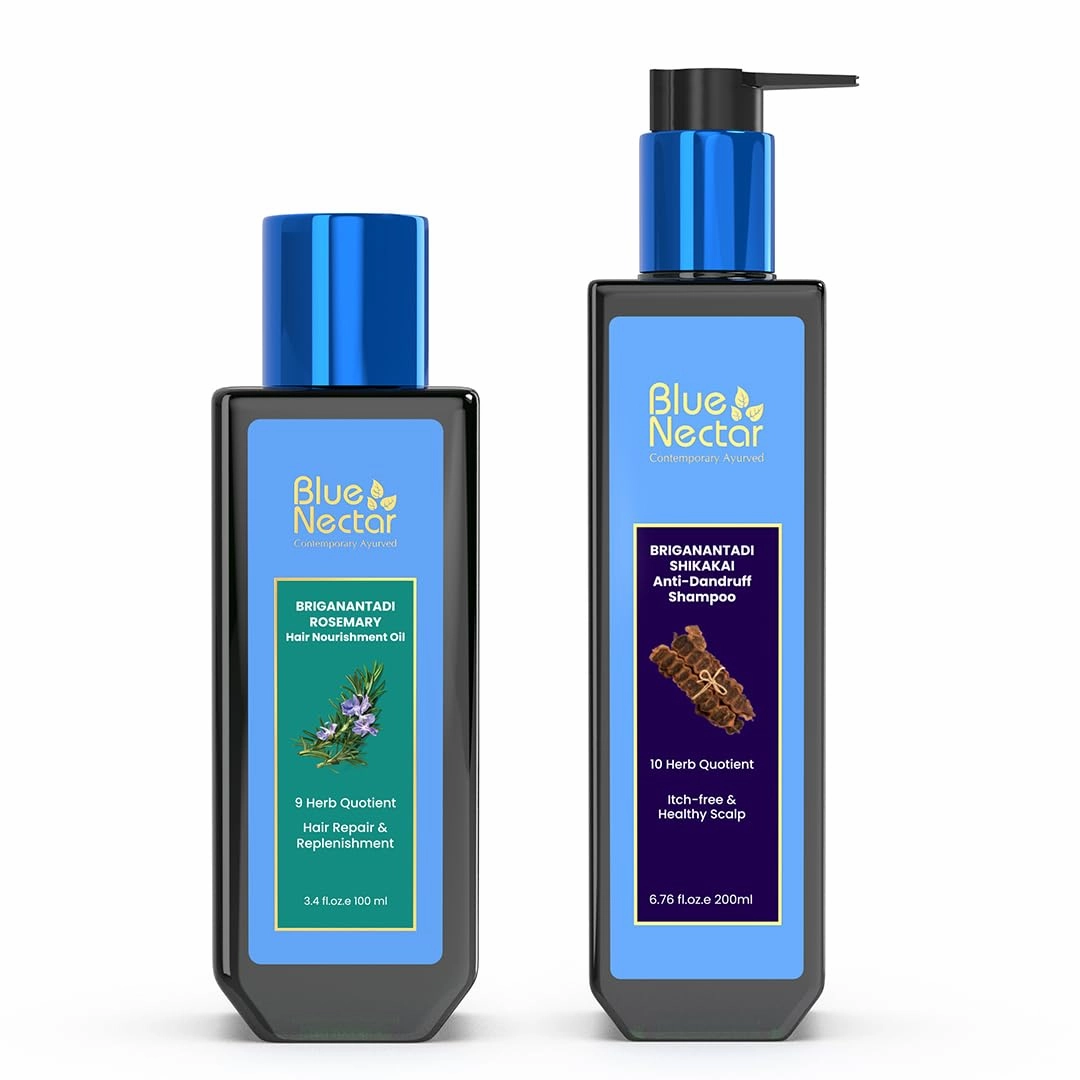 Blue Nectar Elevate Your Hair Care Routine with Ayurvedic Hair Growth Oil & Anti-Dandruff Shampoo Bundle - Nourish, Strengthen, and Revitalize Your Locks Naturally