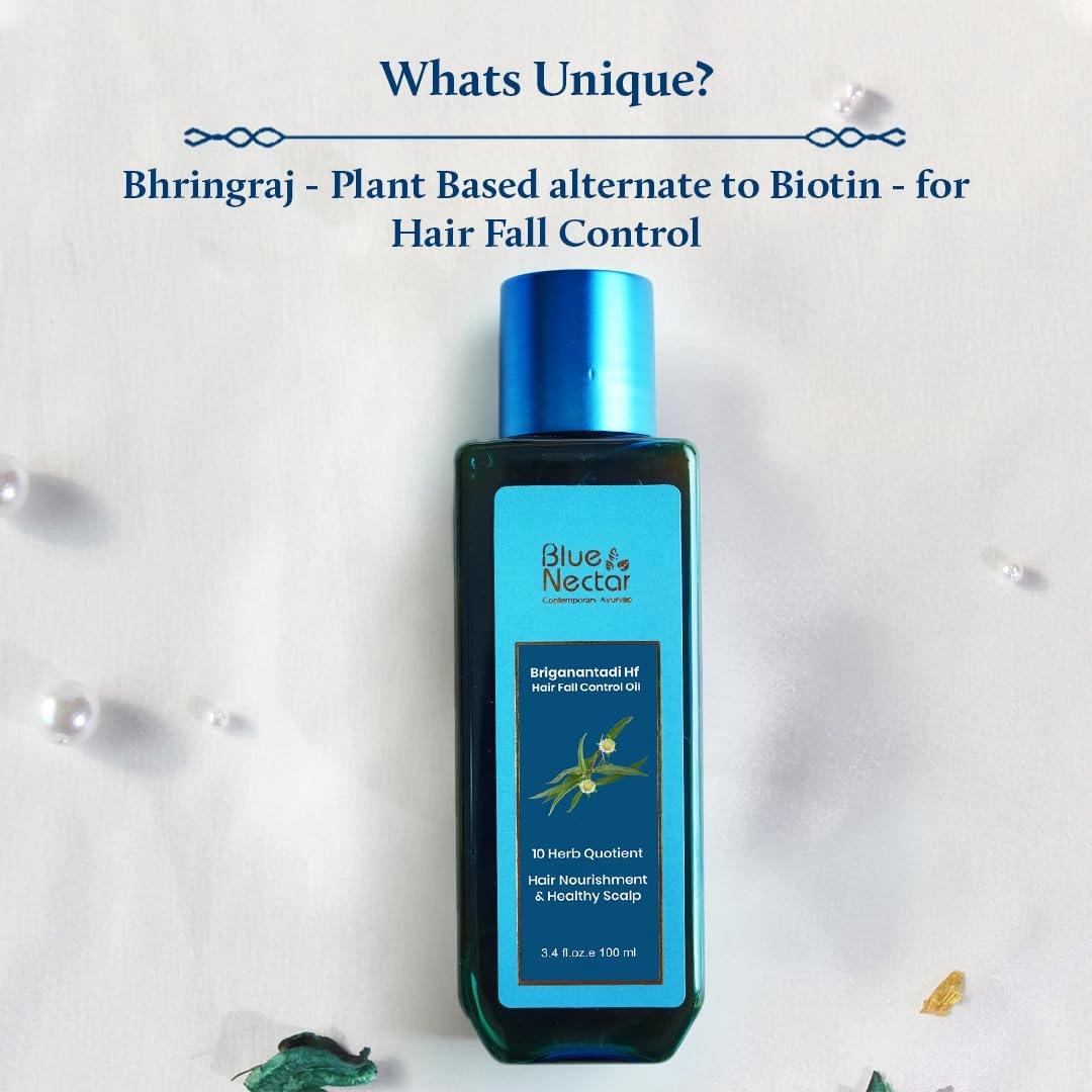 Blue Nectar Natural Hair Growth Oil for Hair Fall Control | Plant Based Bhringraj Oil with Rosemary & Lavender for Hair (9 Herbs, 3.38 Fl Oz)