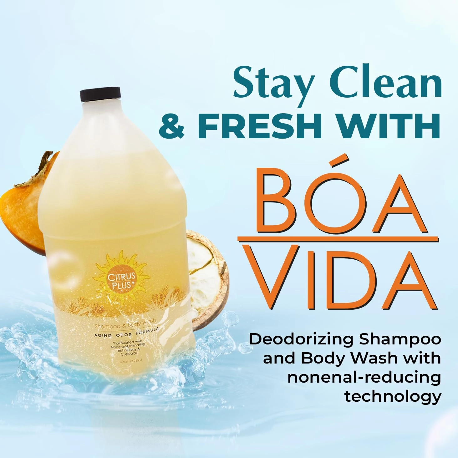 BoaVida Citrus Plus Elder Deodorizing Shampoo and Body Wash, Reduces 2-Nonenal Odor Made with Persimmon and Cupuacu Butter - With Leak-Proof Cap, 1 Gal