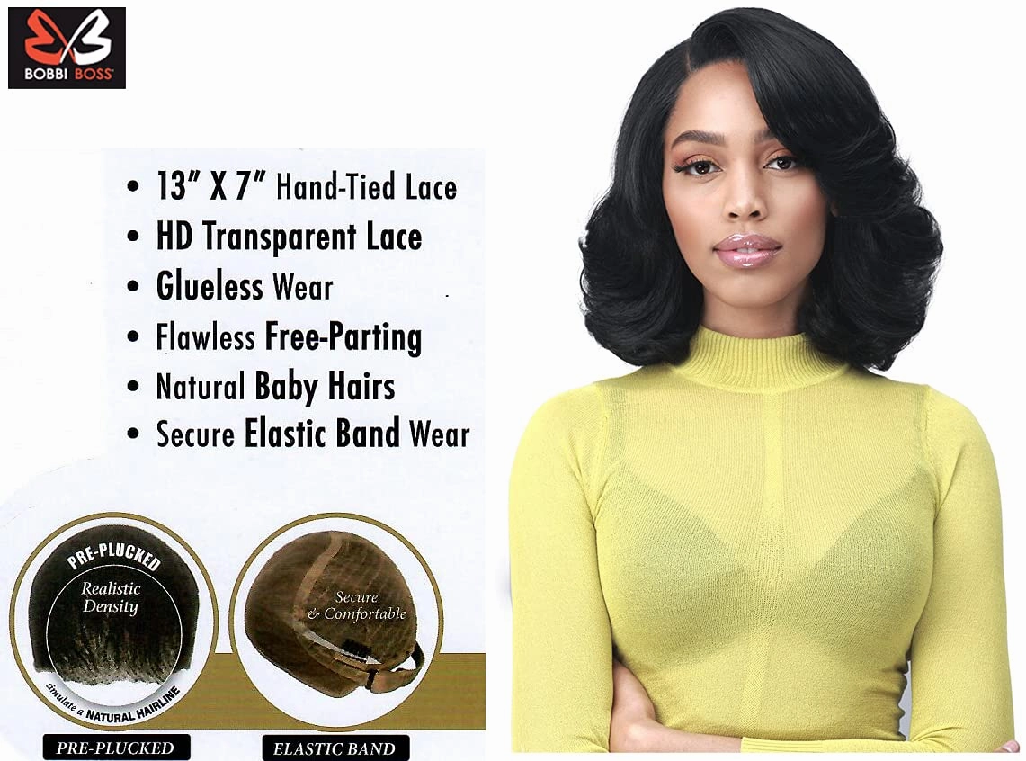 Bobbi Boss 13X7 HD Lace Bob Curly Synthetic Wig - MLF602 NATALIA, Wavy Short Wigs with Baby Hairs, Glueless Lace Free Part Wig with High Heat Resistant Wigs (1, Jet Black)