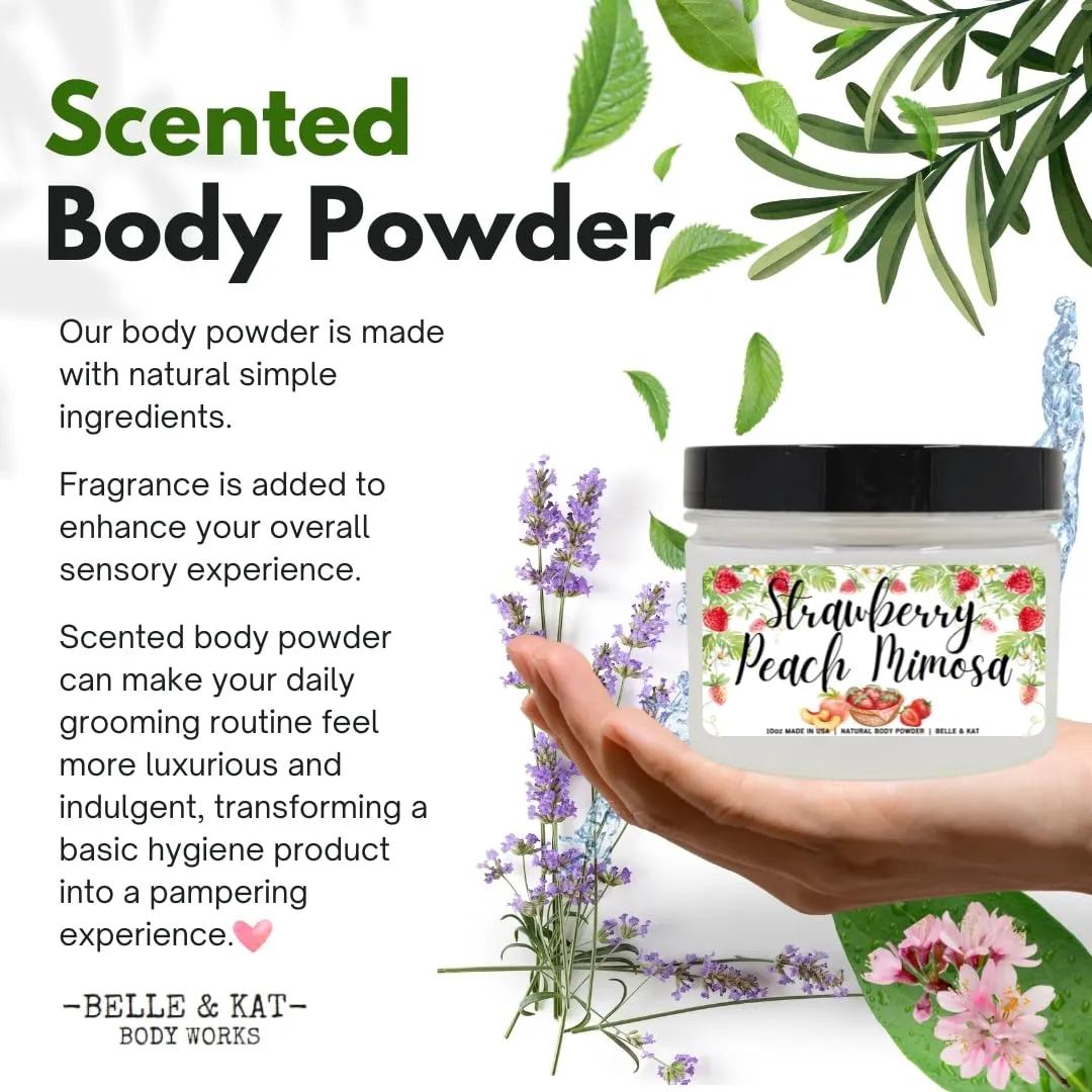 Body Dusting Powder - Scented Strawberry Peach Mimosa - 8oz Container with Lid and Puff Applicator