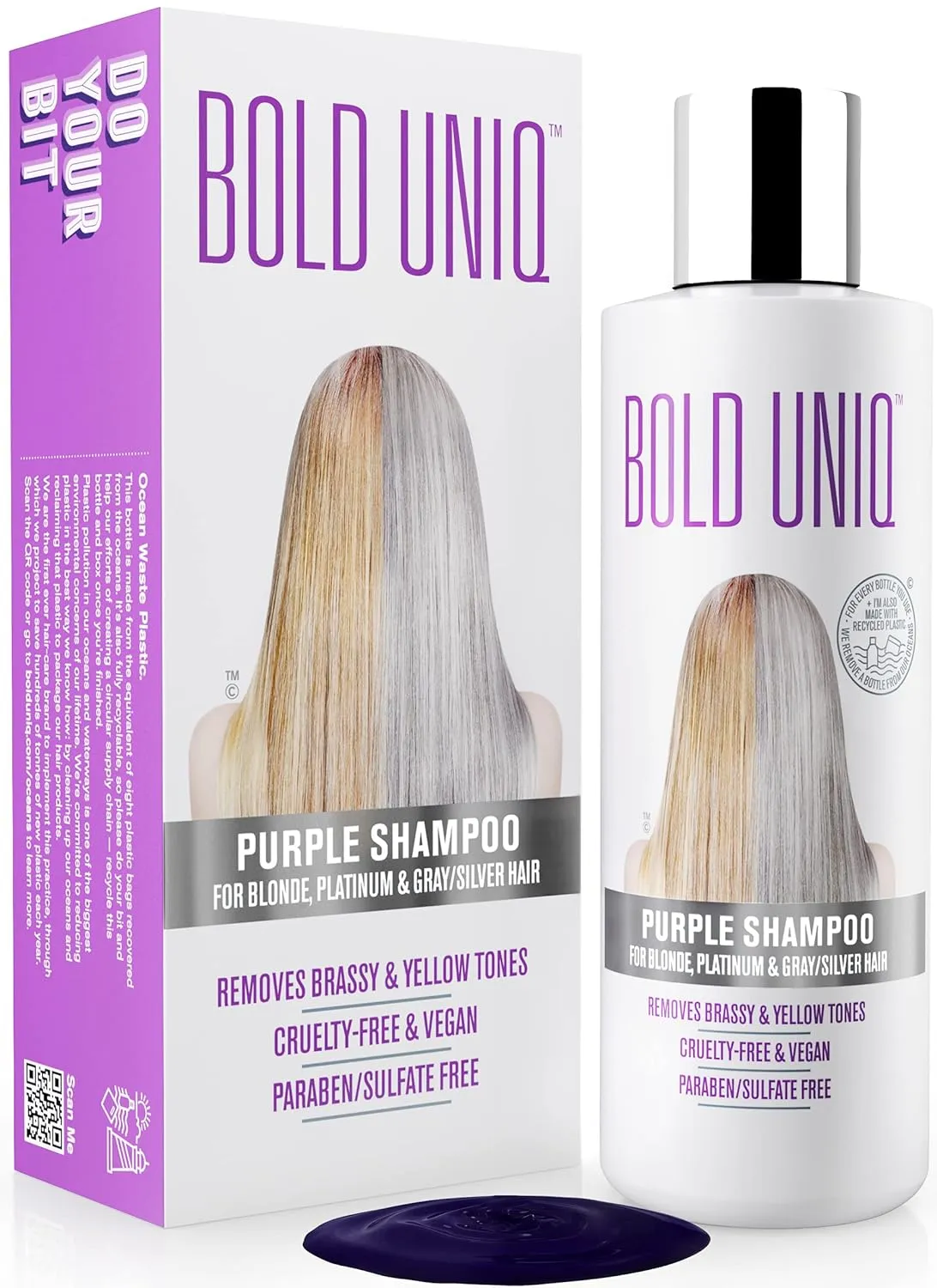 Bold Uniq Purple Shampoo - Remove Yellow Tones & Condition Damaged Hair - For Blonde, Silver or Grey Hair - Paraben & Sulfate Free, Vegan - 8 fl oz