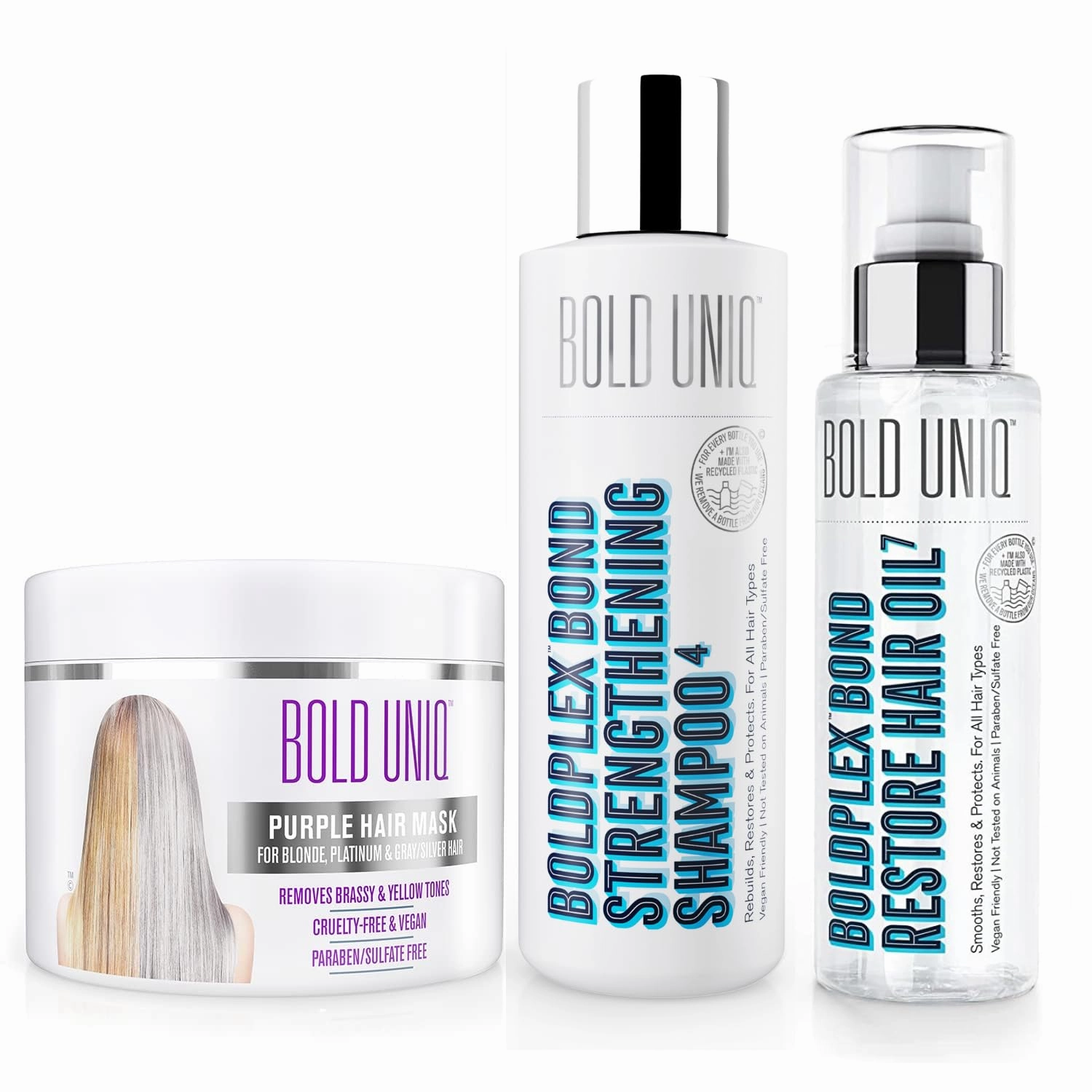 BOLD UNIQ Purple Hair Mask, BoldPlex 4 Shampoo & BoldPlex 7 Hair Oil Bundle - Remove Brassiness & Yellow Tones, Strengthen, Protect Damaged Hair & Reduce Frizz - Paraben, Sulfate-free, Vegan Friendly