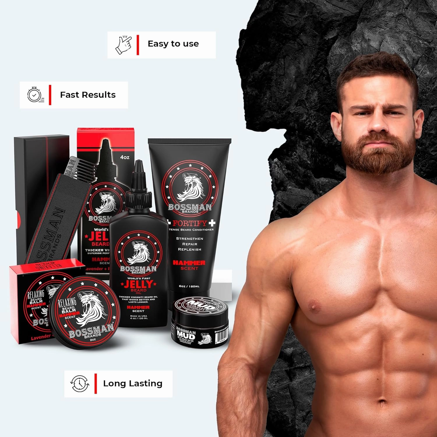 Bossman Complete Beard Kit – Men's Beard Oil Jelly, Fortifying Shower Conditioner, Balm, Mustache Wax & Comb – Beard Softener & Grooming Care (Hammer Scent)