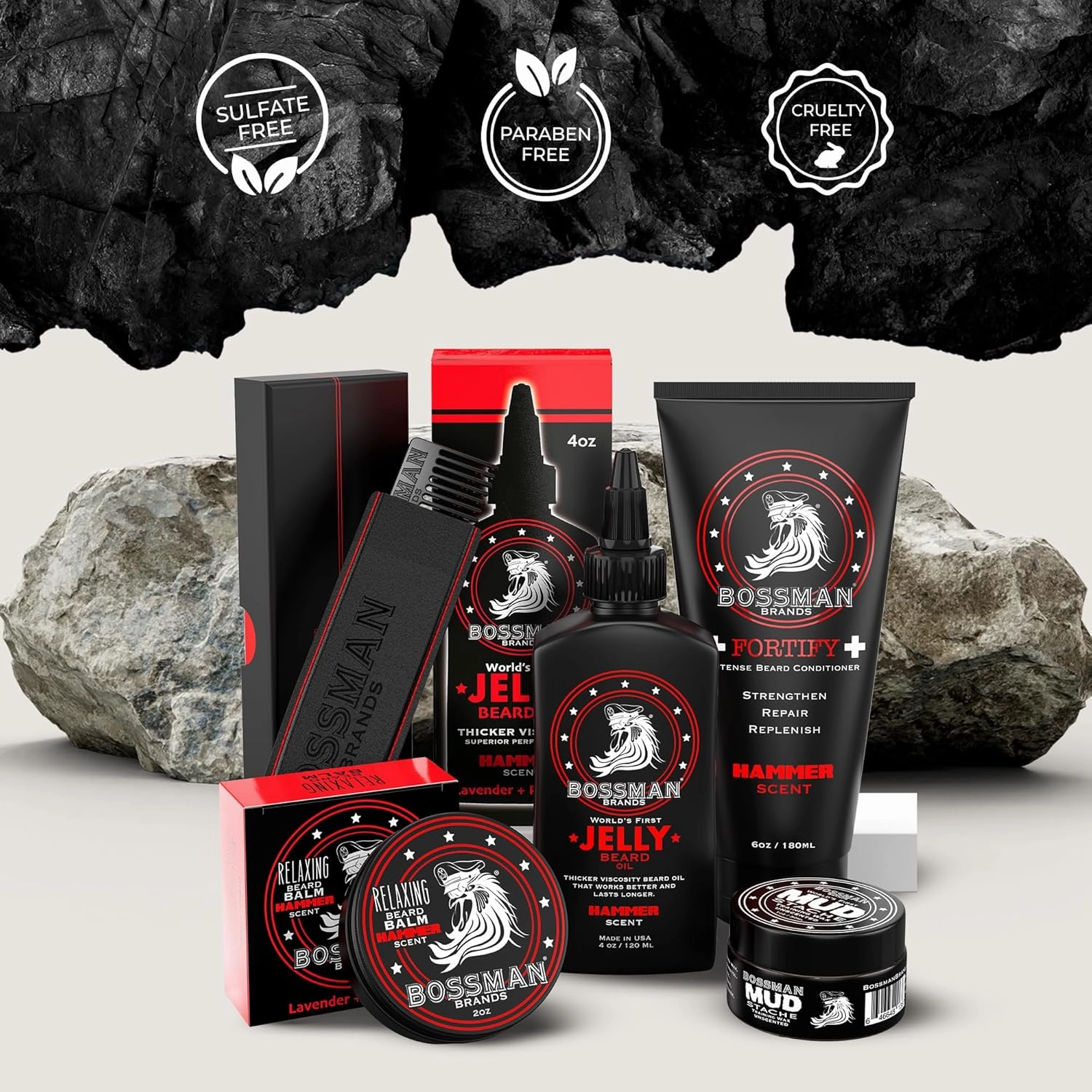 Bossman Complete Beard Kit – Men's Beard Oil Jelly, Fortifying Shower Conditioner, Balm, Mustache Wax & Comb – Beard Softener & Grooming Care (Hammer Scent)