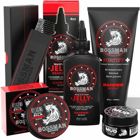 Bossman Complete Beard Kit – Men's Beard Oil Jelly, Fortifying Shower Conditioner, Balm, Mustache Wax & Comb – Beard Softener & Grooming Care (Hammer Scent)
