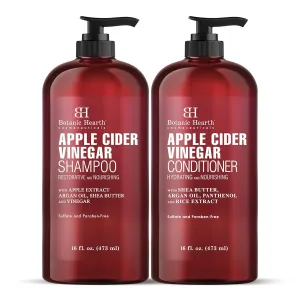 BOTANIC HEARTH Apple Cider Vinegar Shampoo and Conditioner Set - Helps Dry Itchy Scalp, Dandruff, Frizz and Hair Loss - Color Safe, Sulfate Free Shampoo - All Hair Types, Men and Women, 16 fl oz each