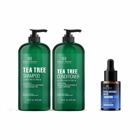 Botanic Hearth Tea tree Shampoo Conditioner 16 x 2 and Hyaluronic Face Serum 1 fl oz Combo Set