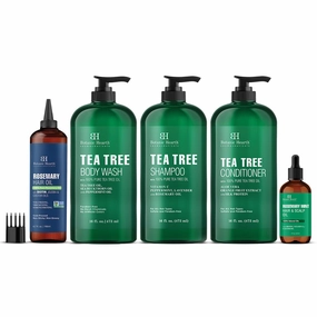 Botanic Hearth Tea Tree Wash 16ox with Rosemary Mint 2 oz with Tea Tree Shampoo Conditioner 32 oz and Rosemary Oil Combo Set