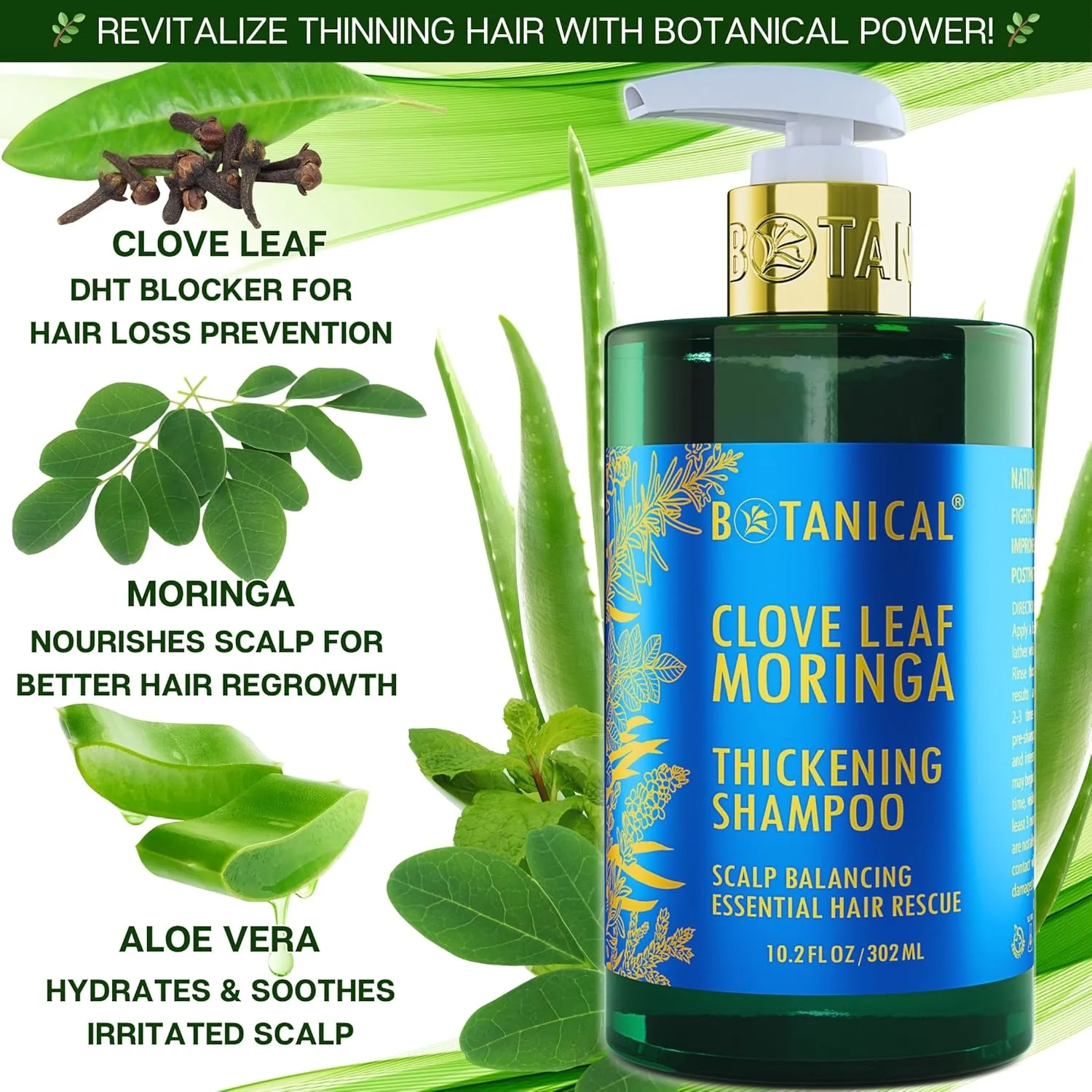 Botanical Hair Growth Moringa Shampoo With Saw Palmetto For Hair Loss and Hair Thinning Prevention Scalp Balancing Natural Thickening Shampoo Regrowth Products For Women & Men 10.2 Fl Oz