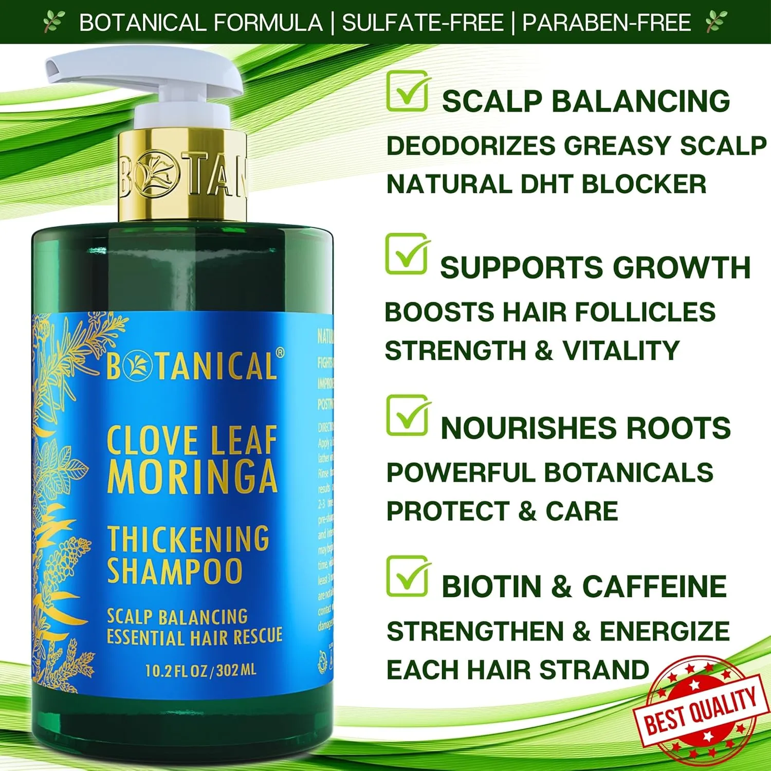 Botanical Hair Growth Moringa Shampoo With Saw Palmetto For Hair Loss and Hair Thinning Prevention Scalp Balancing Natural Thickening Shampoo Regrowth Products For Women & Men 10.2 Fl Oz