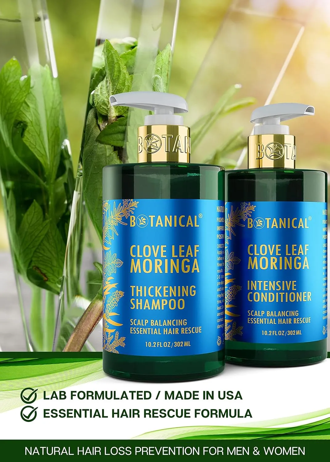 Botanical Hair Growth Thickening Shampoo and Anti-Thinning Conditioner “Scalp Balancing” Clove Leaf & Moringa Shampoo for Hair Loss, Thickening Products For Women & Men (Pack of 2)