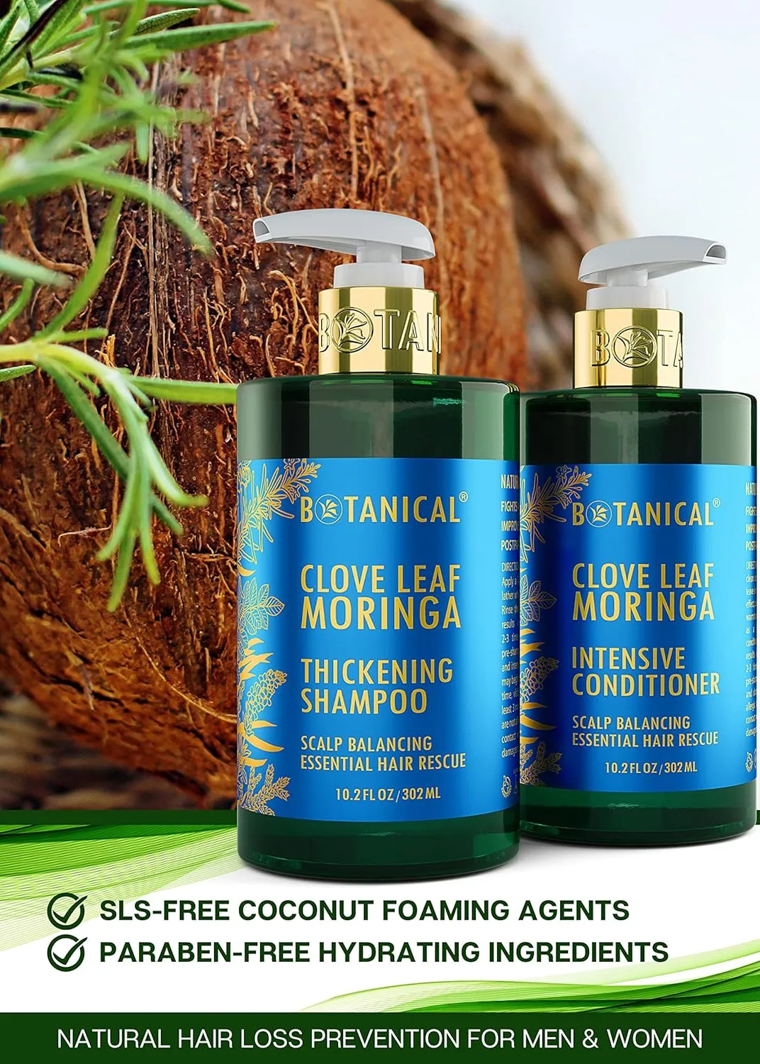 Botanical Hair Growth Thickening Shampoo and Anti-Thinning Conditioner “Scalp Balancing” Clove Leaf & Moringa Shampoo for Hair Loss, Thickening Products For Women & Men (Pack of 2)