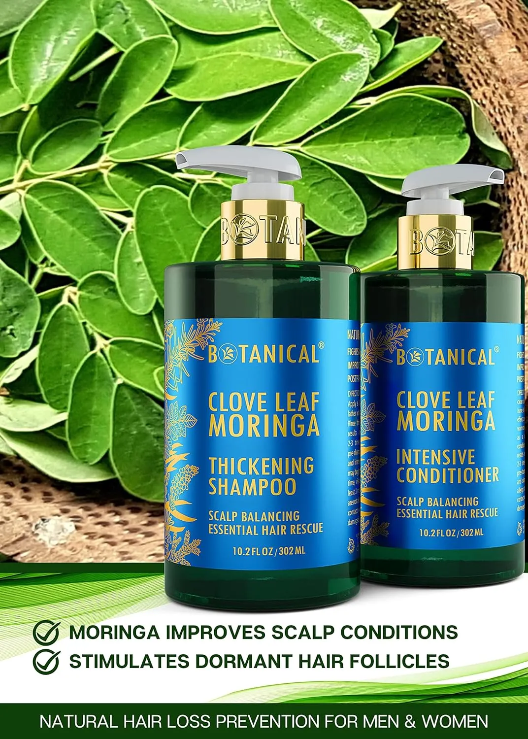 Botanical Hair Growth Thickening Shampoo and Anti-Thinning Conditioner “Scalp Balancing” Clove Leaf & Moringa Shampoo for Hair Loss, Thickening Products For Women & Men (Pack of 2)
