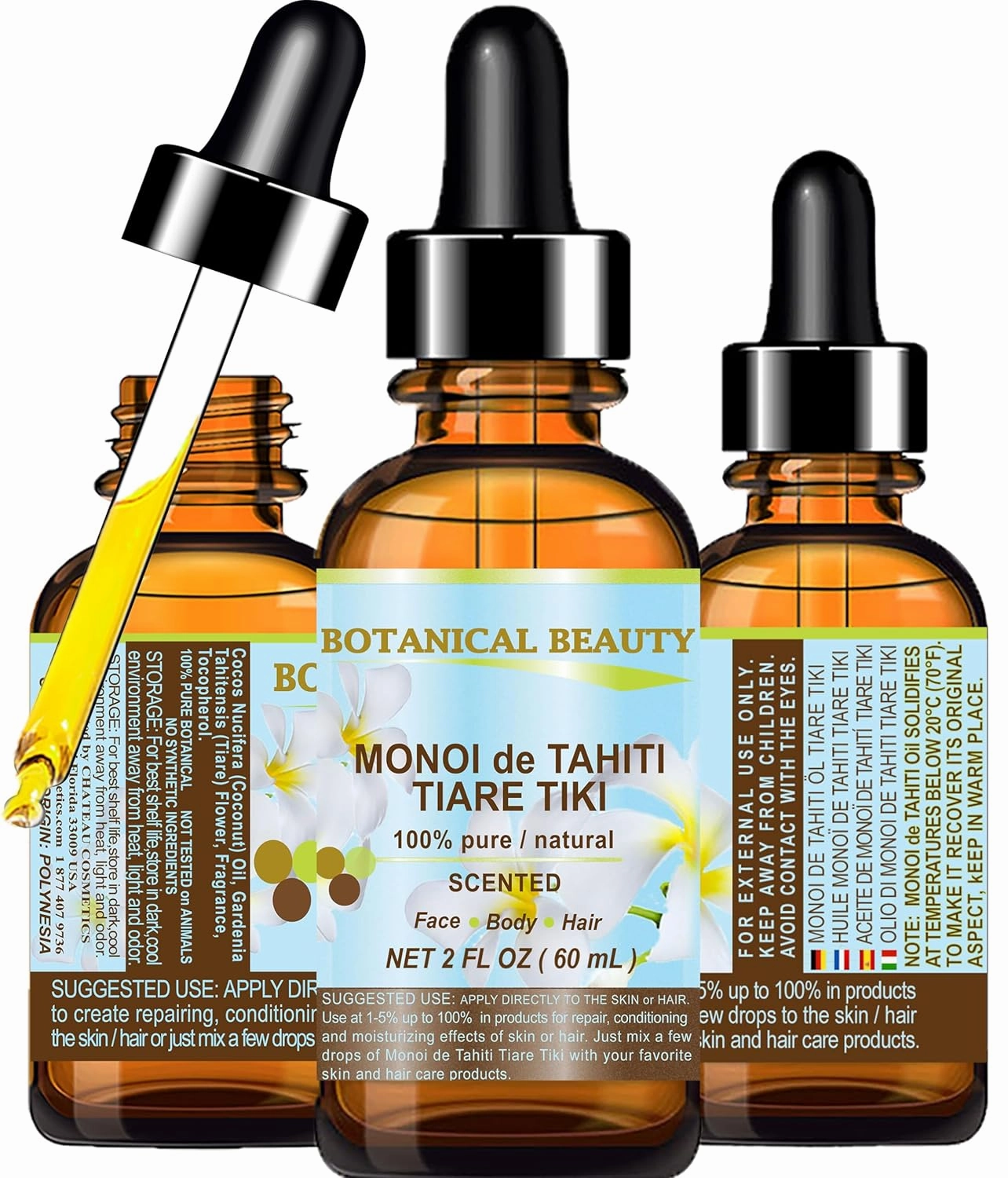 Botanical Beauty MONOI de TAHITI OIL TIARE TIKI 100% Pure Natural Undiluted Virgin 2 Fl. Oz.- 60 ml for FACE, SKIN, BODY, HAIR, NAILS