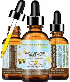 Botanical Beauty MONOI de TAHITI OIL TIARE TIKI 100% Pure Natural Undiluted Virgin 2 Fl. Oz.- 60 ml for FACE, SKIN, BODY, HAIR, NAILS