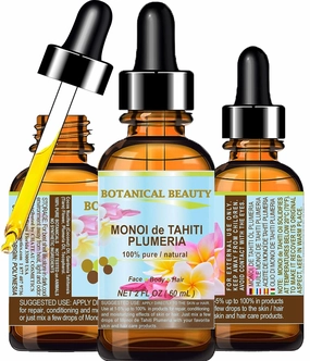Botanical Beauty MONOI DE TAHITI PLUMERIA OIL Pure Natural. 2 Fl. Oz.- 60 ml. for Face, Skin, Hair, Nail Care and Body