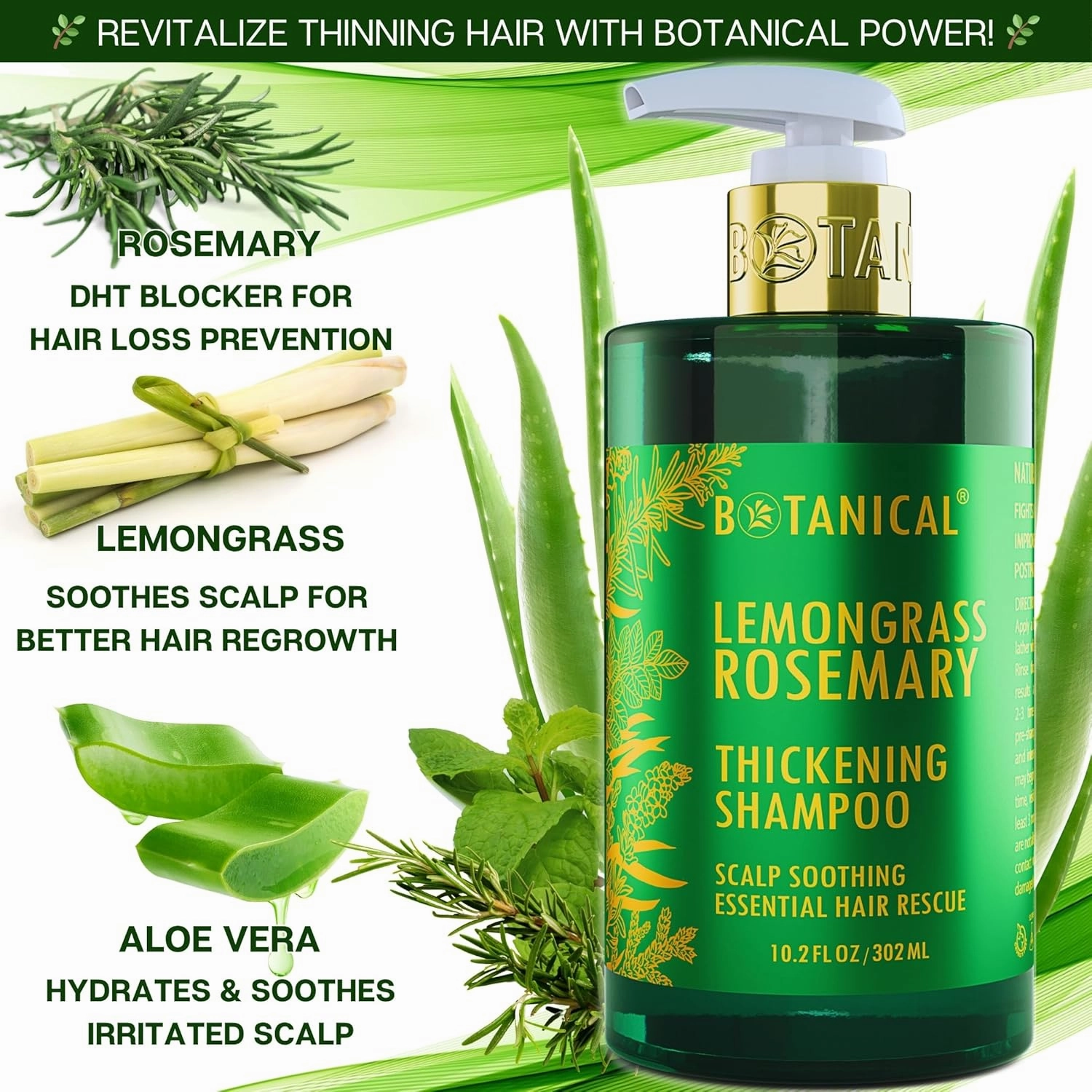 Botanical Hair Growth Rosemary Shampoo with Saw Palmetto for Hair Loss and Hair Thinning Prevention Scalp Soothing Natural Thickening Shampoo Regrowth Products For Women & Men 10.2 Fl Oz