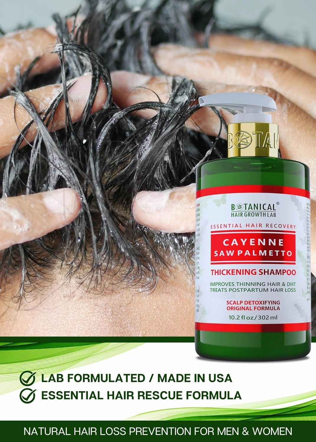 Botanical Hair Growth Shampoo Cayenne Saw Palmetto Hair Thickening Anti-Thinning Scalp Stimulating Natural Anti-Hair Loss Therapy For Women & Men 10.2 Fl Oz