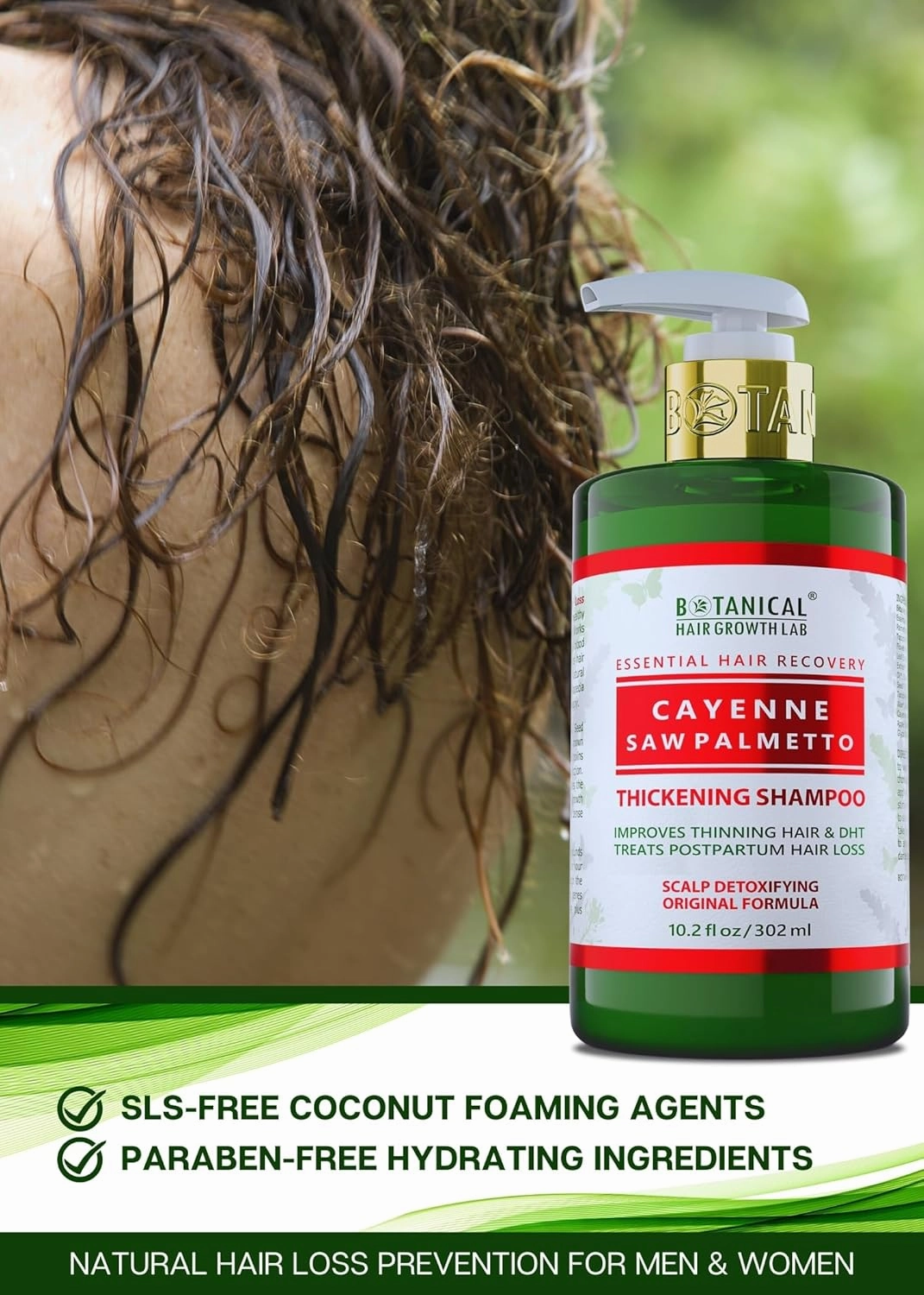 Botanical Hair Growth Shampoo Cayenne Saw Palmetto Hair Thickening Anti-Thinning Scalp Stimulating Natural Anti-Hair Loss Therapy For Women & Men 10.2 Fl Oz