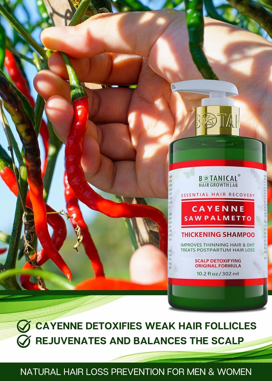 Botanical Hair Growth Shampoo Cayenne Saw Palmetto Hair Thickening Anti-Thinning Scalp Stimulating Natural Anti-Hair Loss Therapy For Women & Men 10.2 Fl Oz