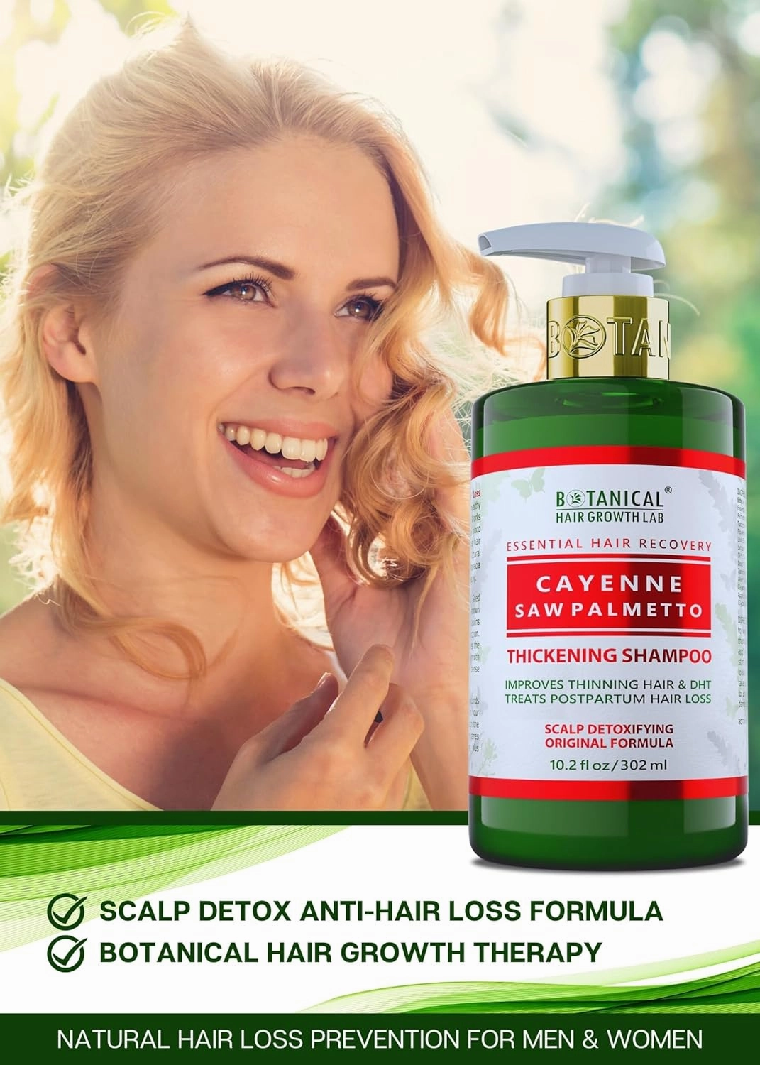 Botanical Hair Growth Shampoo Cayenne Saw Palmetto Hair Thickening Anti-Thinning Scalp Stimulating Natural Anti-Hair Loss Therapy For Women & Men 10.2 Fl Oz