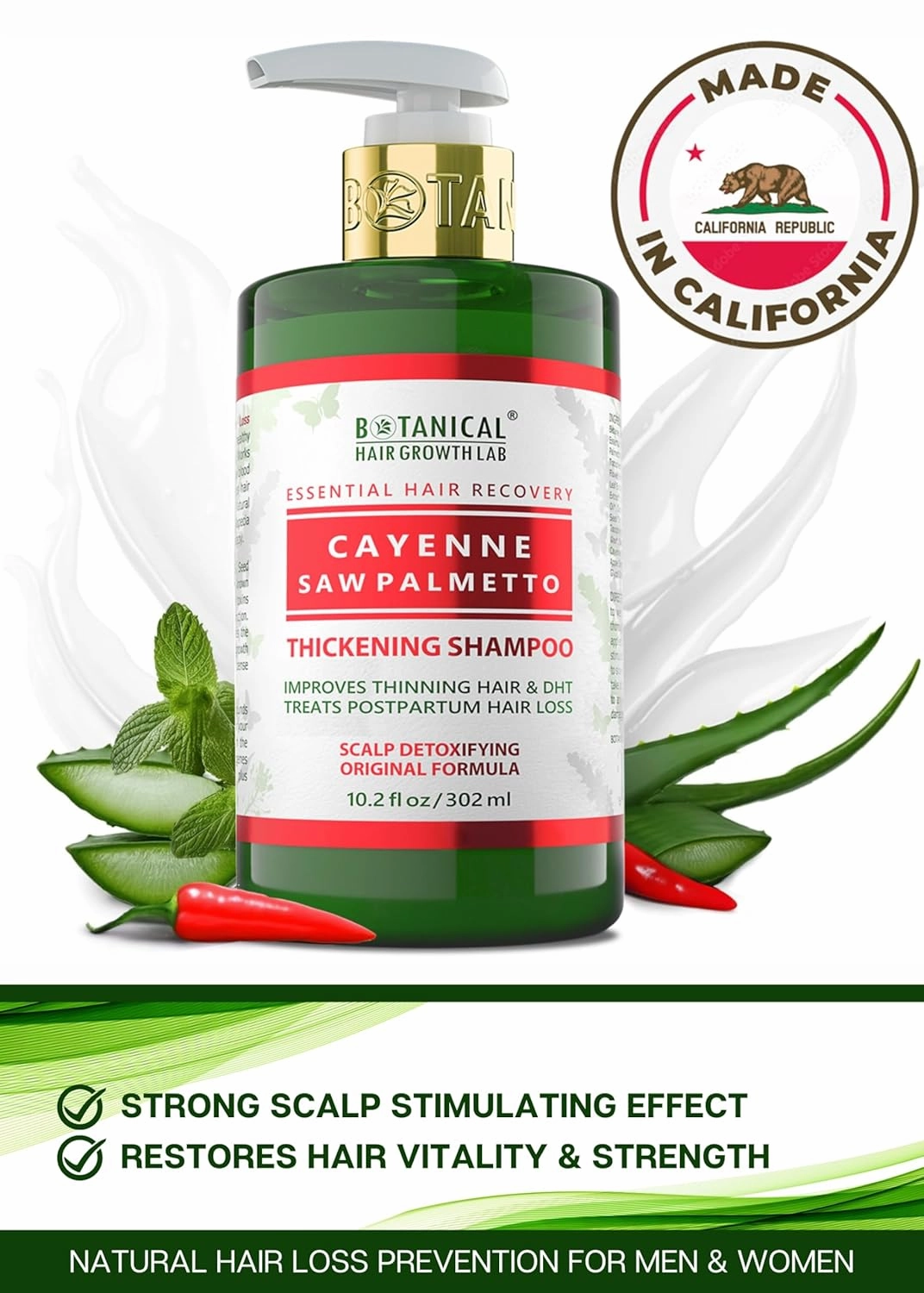 Botanical Hair Growth Shampoo Cayenne Saw Palmetto Hair Thickening Anti-Thinning Scalp Stimulating Natural Anti-Hair Loss Therapy For Women & Men 10.2 Fl Oz