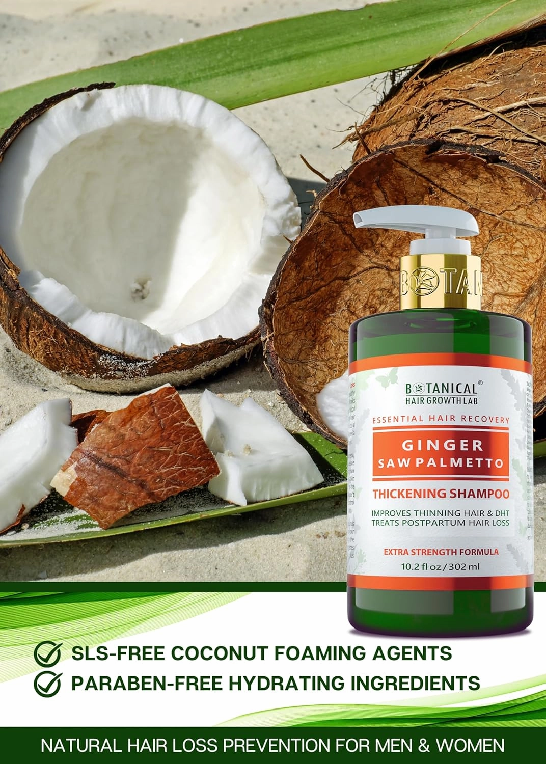 Botanical Hair Growth Shampoo Ginger Saw Palmetto Hair Thickening Anti-Thinning Scalp Stimulating Natural Anti-Hair Loss Therapy For Women & Men 10.2 Fl Oz