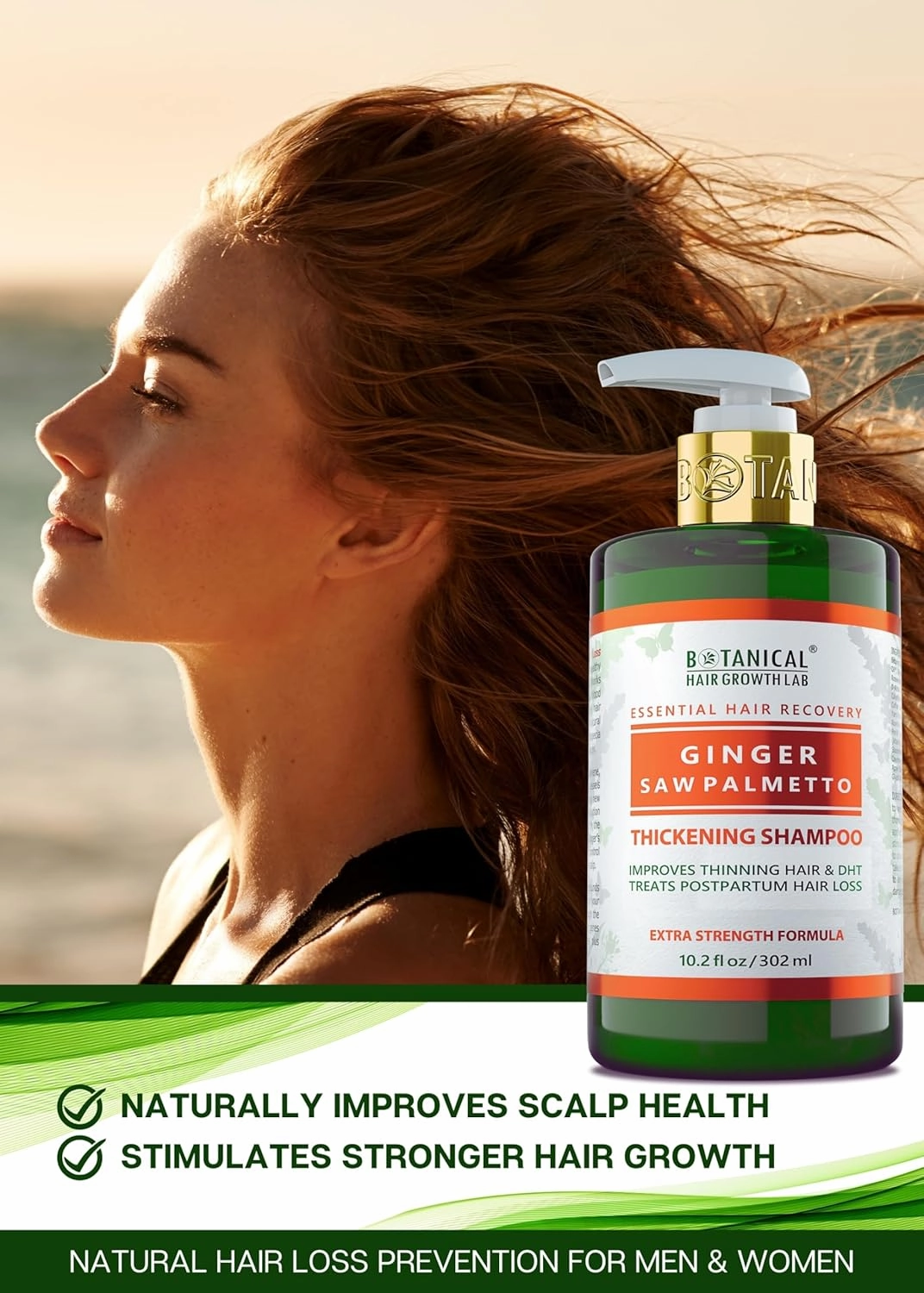 Botanical Hair Growth Shampoo Ginger Saw Palmetto Hair Thickening Anti-Thinning Scalp Stimulating Natural Anti-Hair Loss Therapy For Women & Men 10.2 Fl Oz