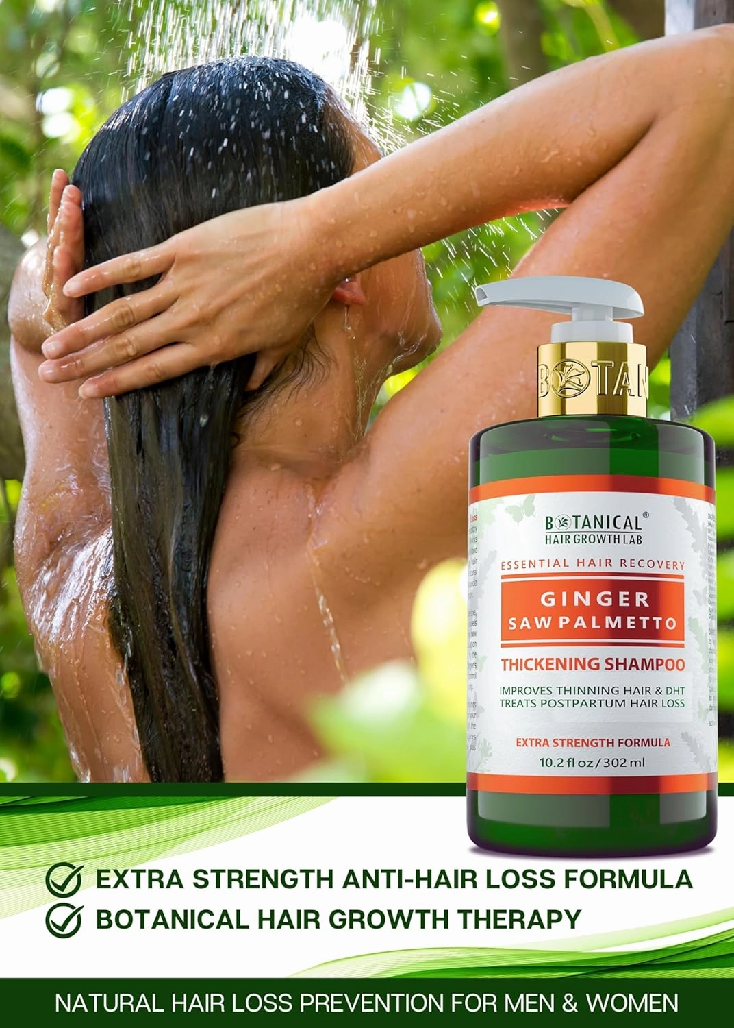 Botanical Hair Growth Shampoo Ginger Saw Palmetto Hair Thickening Anti-Thinning Scalp Stimulating Natural Anti-Hair Loss Therapy For Women & Men 10.2 Fl Oz