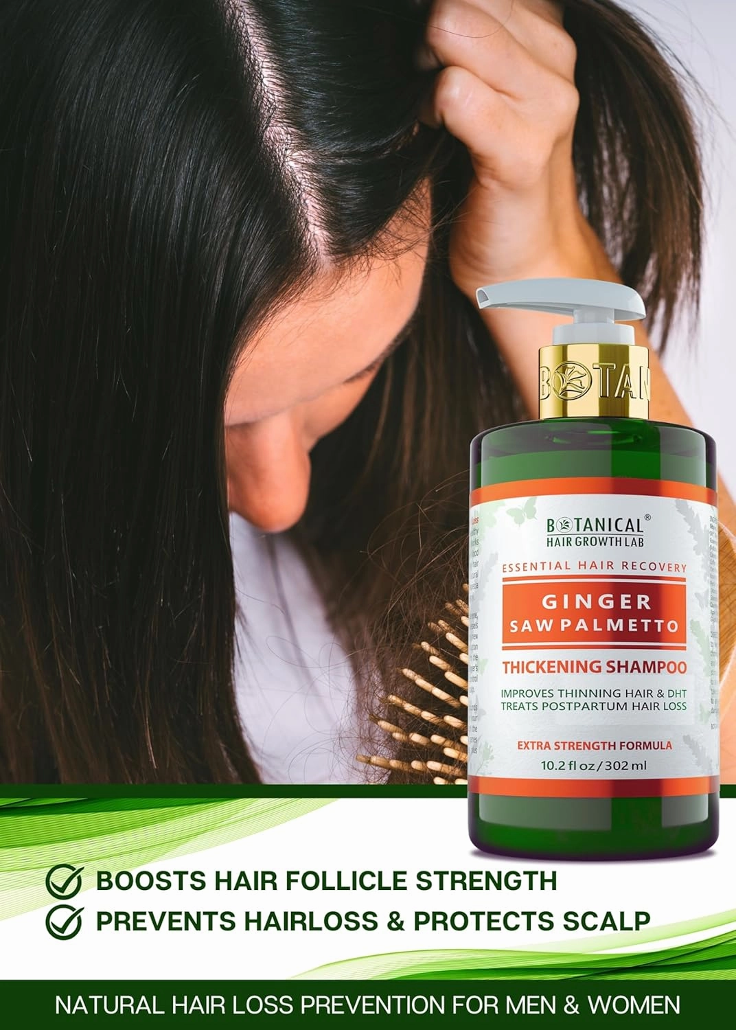 Botanical Hair Growth Shampoo Ginger Saw Palmetto Hair Thickening Anti-Thinning Scalp Stimulating Natural Anti-Hair Loss Therapy For Women & Men 10.2 Fl Oz