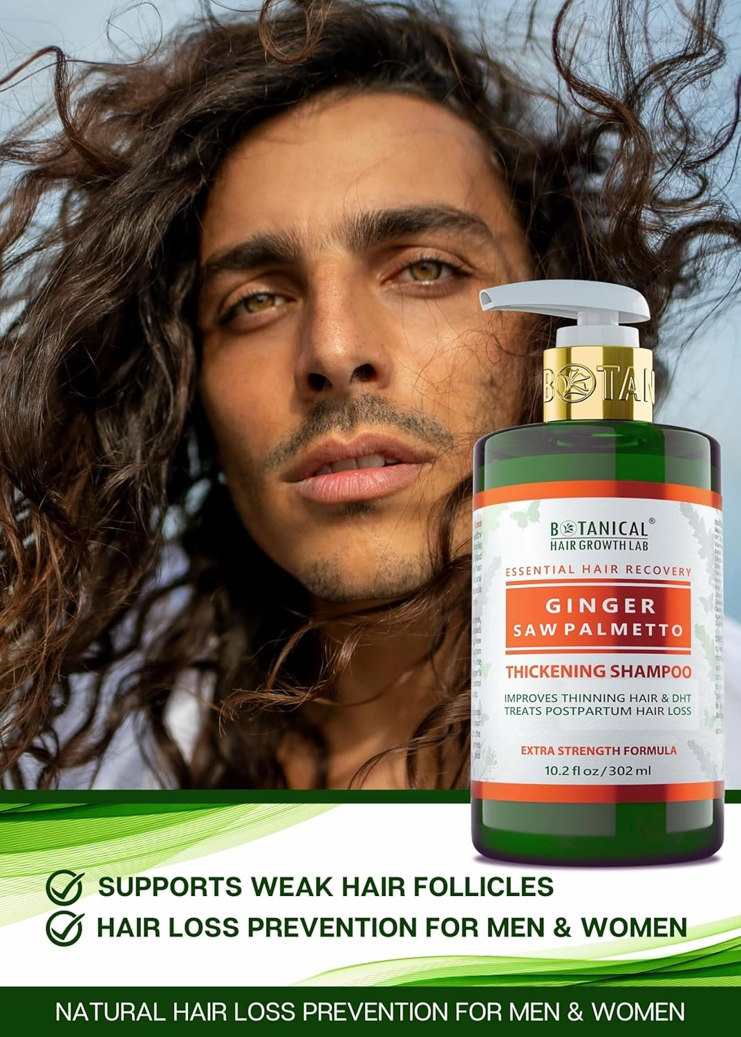 Botanical Hair Growth Shampoo Ginger Saw Palmetto Hair Thickening Anti-Thinning Scalp Stimulating Natural Anti-Hair Loss Therapy For Women & Men 10.2 Fl Oz