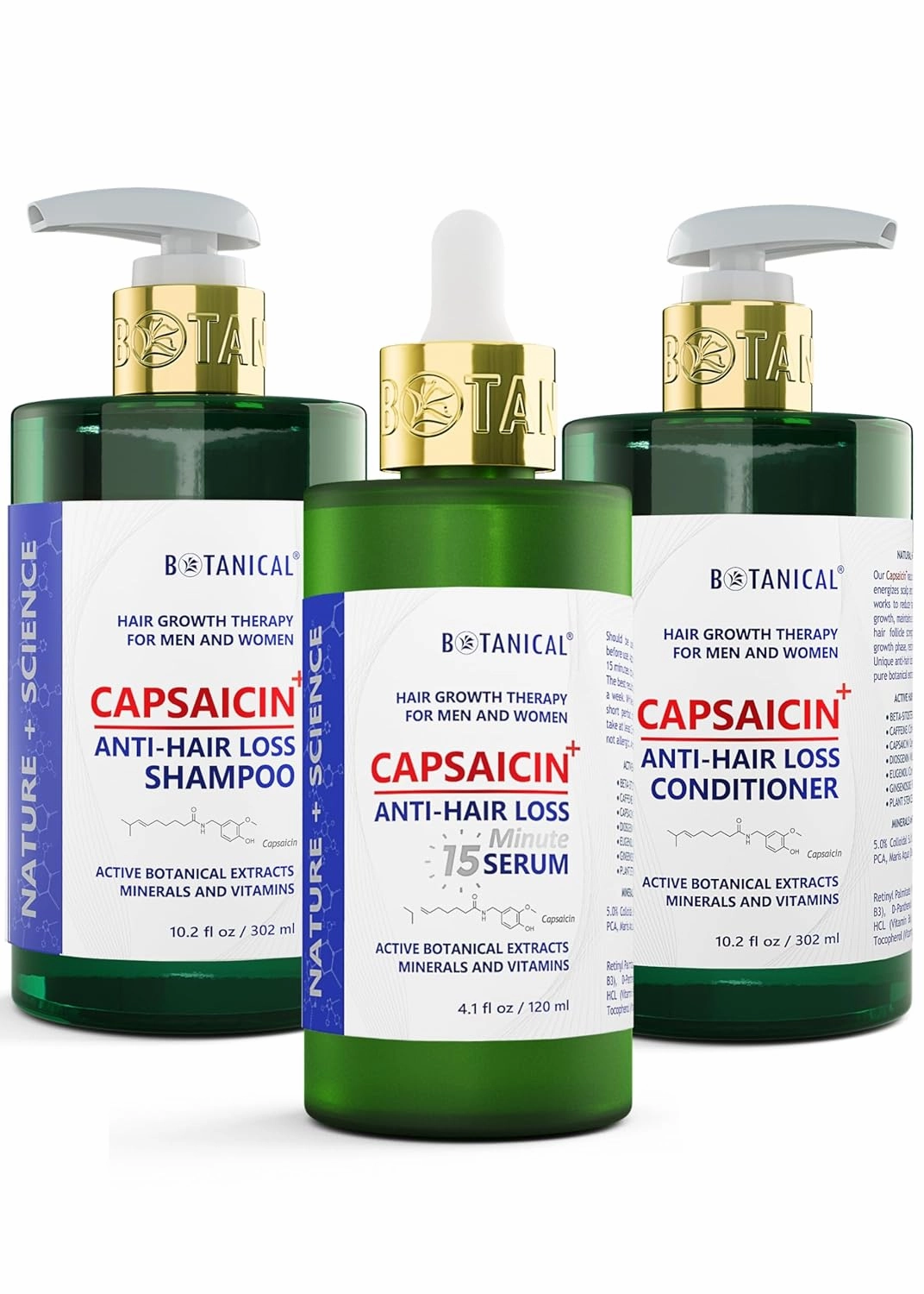 Botanical Hair Growth Therapy For Men and Women - Capsaicin Anti Hair Loss Anti-Hair Loss Pre-Shampoo Scalp Treatment, Shampoo and Conditioner for Hair Thinning Prevention and Natural Hair Growth