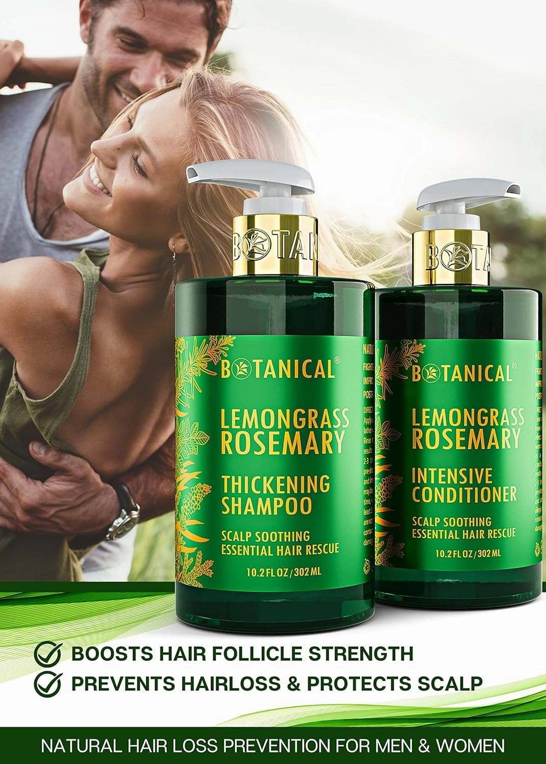 Botanical Hair Growth Thickening Shampoo and Anti-Thinning Conditioner “Scalp Soothing” Lemongrass Rosemary Shampoo for Hair Loss, Thickening Products For Women & Men (Pack of 2)