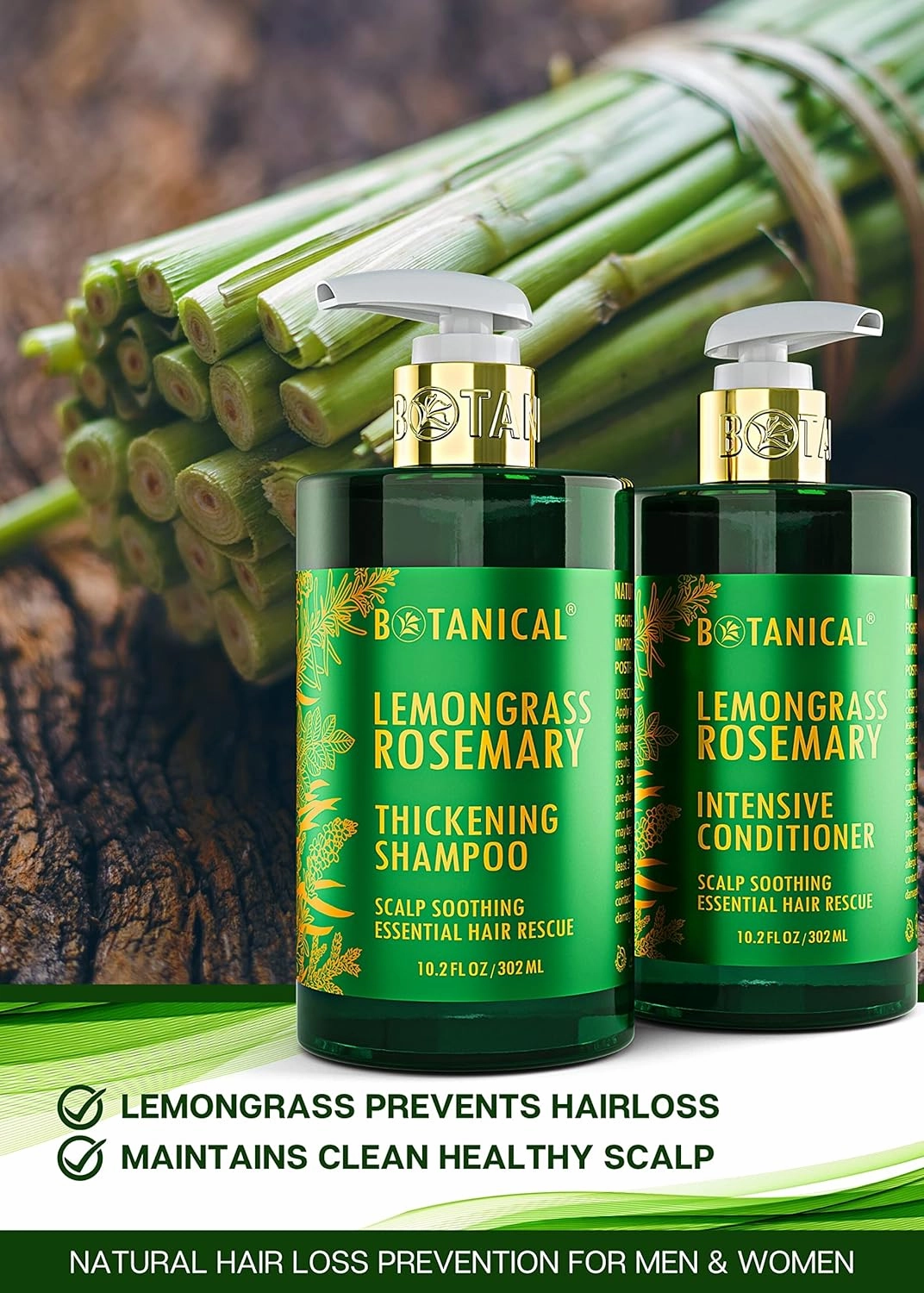 Botanical Hair Growth Thickening Shampoo and Anti-Thinning Conditioner “Scalp Soothing” Lemongrass Rosemary Shampoo for Hair Loss, Thickening Products For Women & Men (Pack of 2)