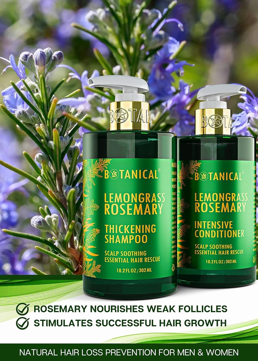 Botanical Hair Growth Thickening Shampoo and Anti-Thinning Conditioner “Scalp Soothing” Lemongrass Rosemary Shampoo for Hair Loss, Thickening Products For Women & Men (Pack of 2)