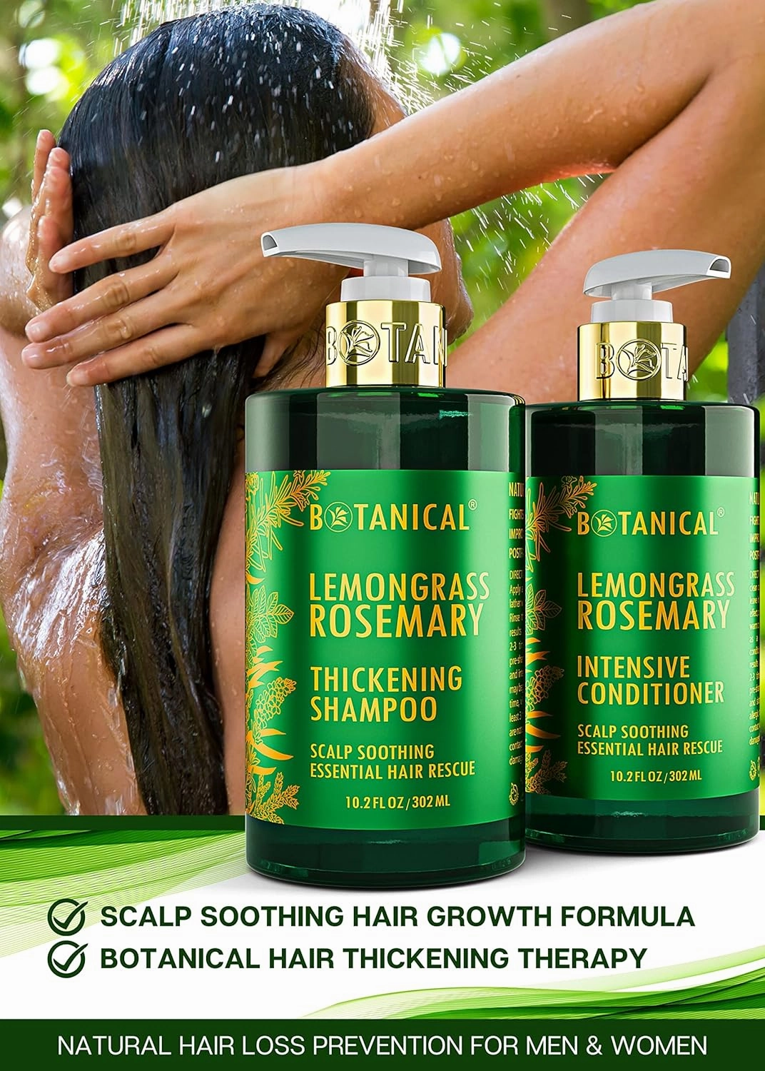 Botanical Hair Growth Thickening Shampoo and Anti-Thinning Conditioner “Scalp Soothing” Lemongrass Rosemary Shampoo for Hair Loss, Thickening Products For Women & Men (Pack of 2)